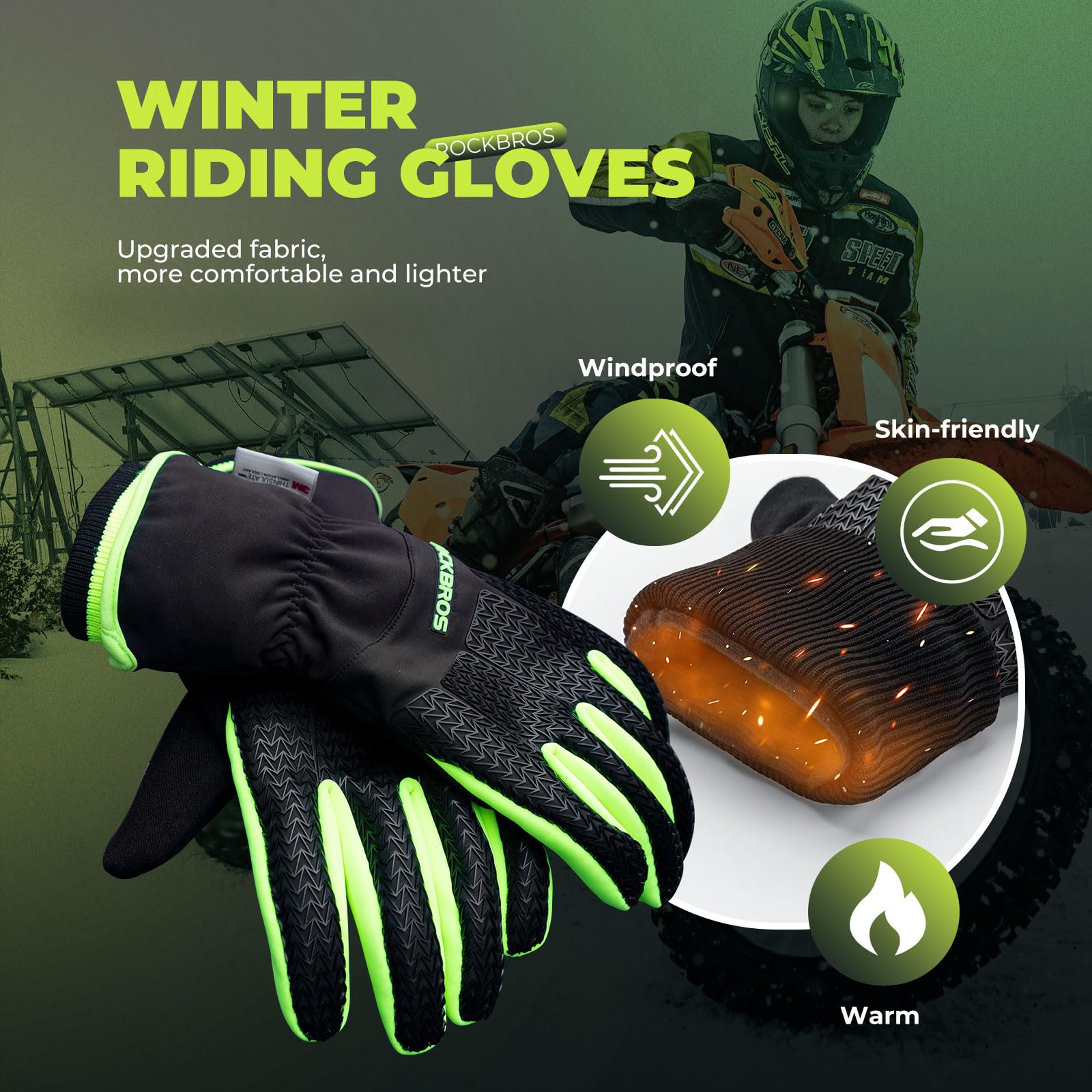 ROCKBROS Guanti Invernali Termici Thinsulate, Guanti da Ciclismo Sci Corsa Uomo Donna, Touch Screen, Antivento Caldo, Palmo Antiscivolo, Nero Verde