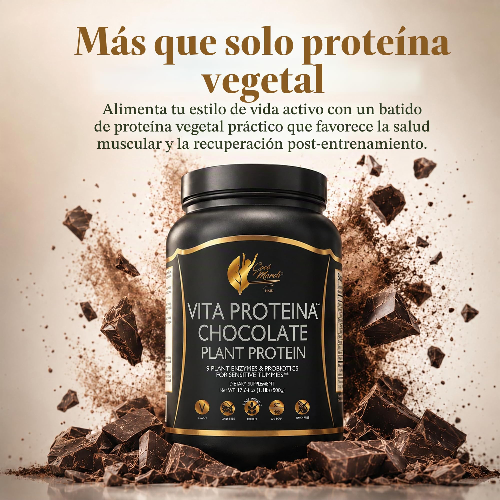 Cocó March N.M.D Vita Protein – Proteína Vegetal de Chocolate con Enzimas y Probióticos – 20 g por Ración – Sin Gluten, Sin Soja, Sin Lácteos, Sin OMG – Vegana – 500 g