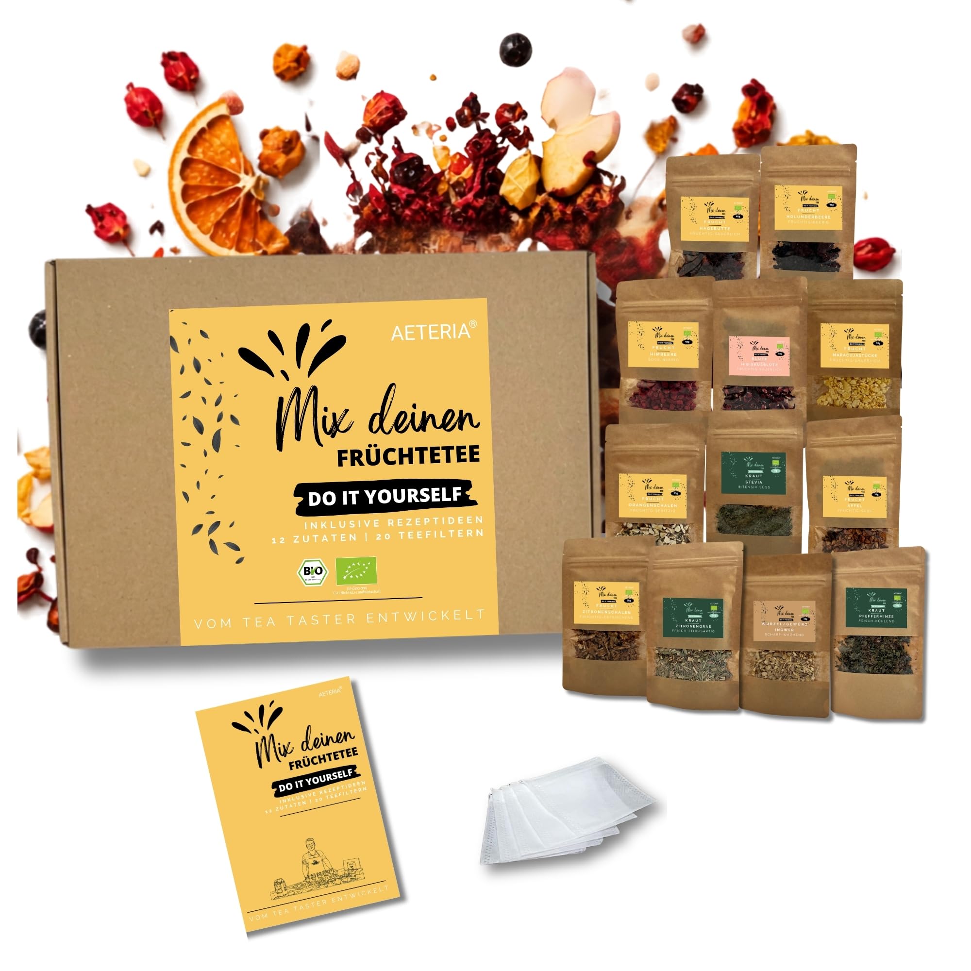 AETERIA® Vom Tea Taster: BIO Früchtetee selber mischen | DIY Teemischung Geschenkset – 12 Zutaten, Rezeptideen & Teefilter | Früchtetee Geschenk für Teeliebhaber