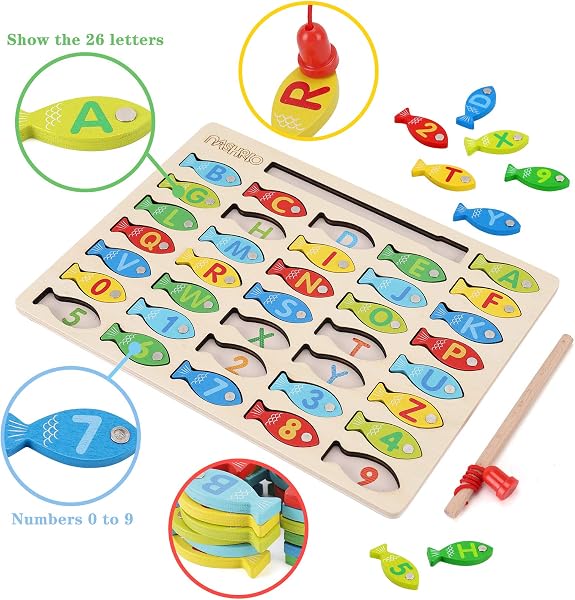 NASHRIO Magnetic Wooden Fishing Game Toy for Toddlers, Alphabet Fish Catching Counting Games Puzzle with Numbers and Letters, Preschool Learning ABC Math Educational Toys 3 4 5 Years Old Girl Boy Kids in use