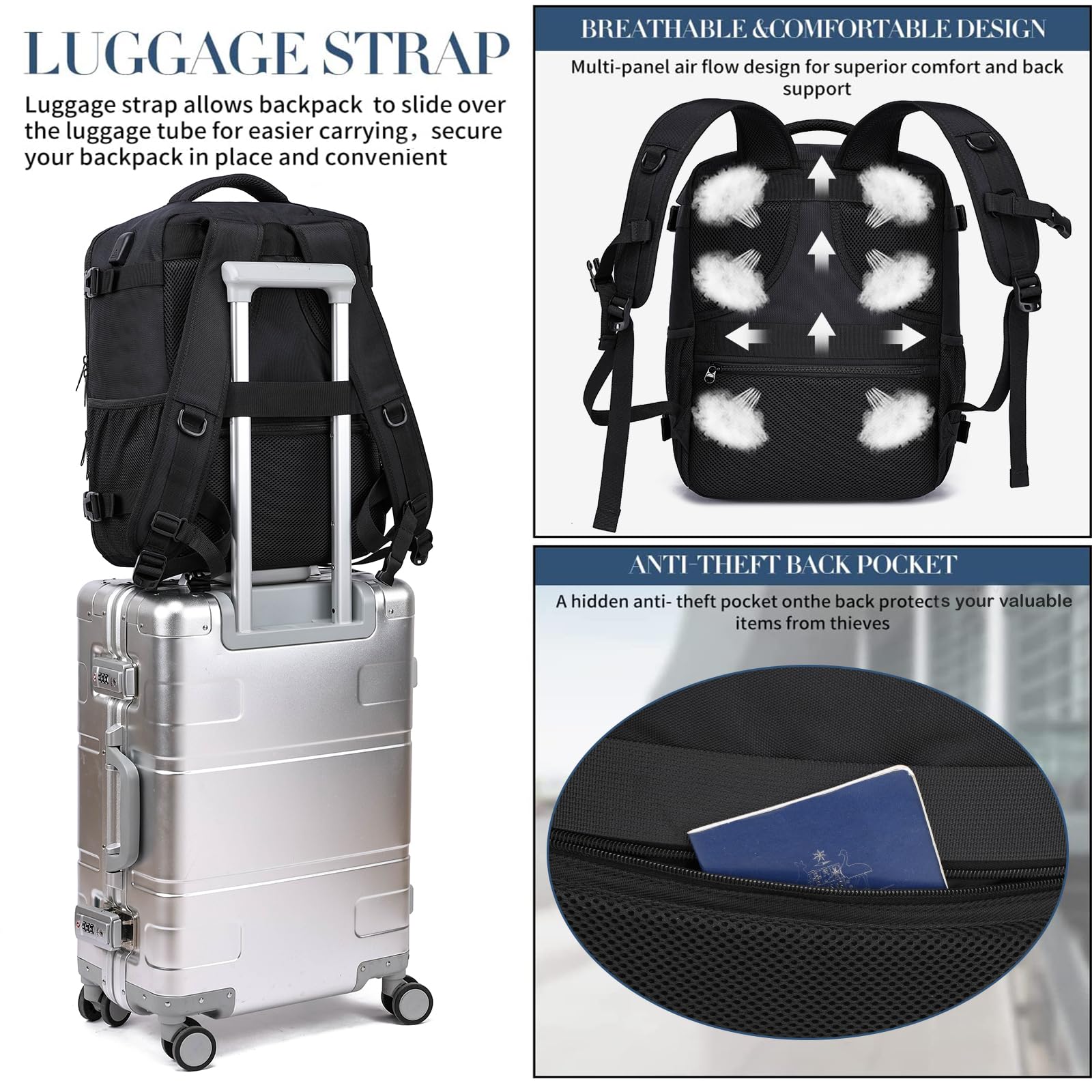 Zaino 40x30x20 per Ryanair Bagaglio a Mano per Wizzair Eurowings Zaino da Viaggio Aereo 24L Borsa da Cabina per Voli,14 Pollici Zaino Porta PC con Caricatore USB Zaino da Viaggio per Donna Uomo,Nero