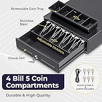 Vista 3 de Volcora Cajón electrónico de caja registradora de 13 pulgadas para sistema de punto de venta (POS) con bandeja de efectivo de 4 billetes y 5 Negro