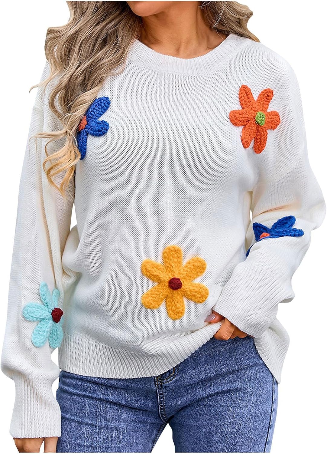 Women Flower Knitted Sweater Elegant Crew Neck Fall Long Sleeve Sweater Loose Soft Cmfy Cute Pullover Tops