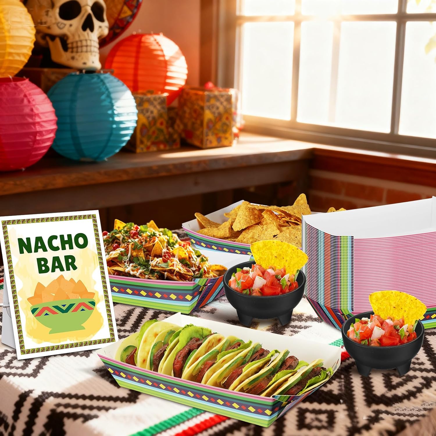 57 Pcs Nacho Bar Kit 50 Mexican Tortilla Chips Paper Snack Trays 6 Plastic Salsa Bowls Nacho Bar Table Sign Stand for Taco Tuesday Mexico Fiesta Cinco De Mayo Football Party Snacks Supplies