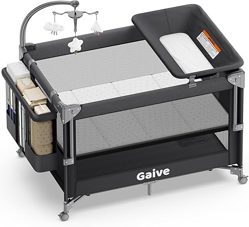 Miniatura 8 de Cuna 4 en 1, paquete de configuración y juego de un solo empuje, cuna con 3 alturas ajustables, cambiador de pañales, viene con cómodo colchón,