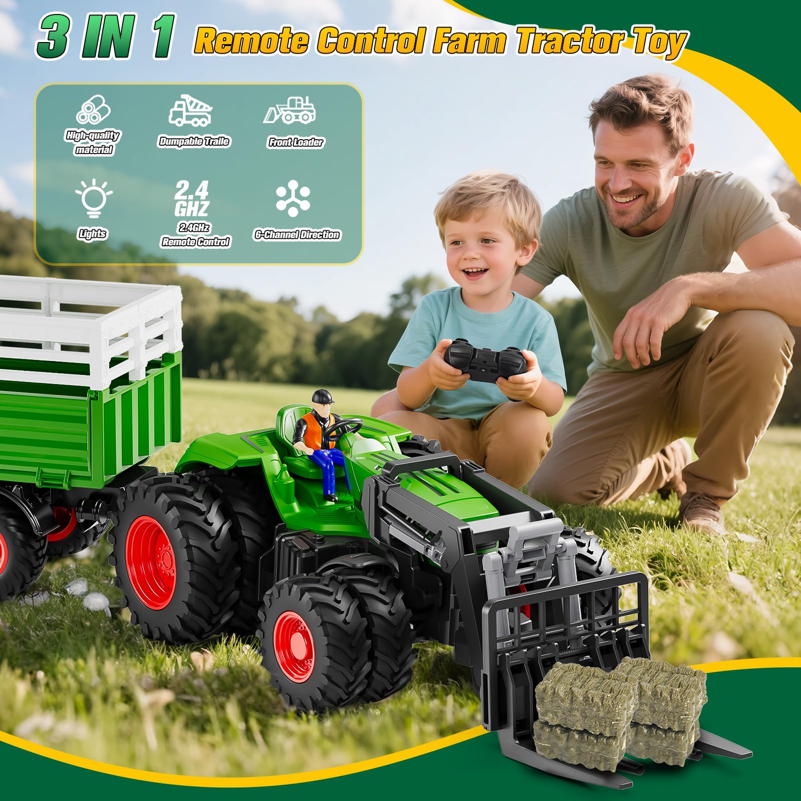 RC Tractor Juguete con Remolque, 2,4 GHz Tractor Teledirigido, de Granja Vehículos con Horquilla Elevadora, Luz, Vaca, Oveja y Frdo de Heno, Granja de Juguete Regalo 3 4 5 6 7 8 Años