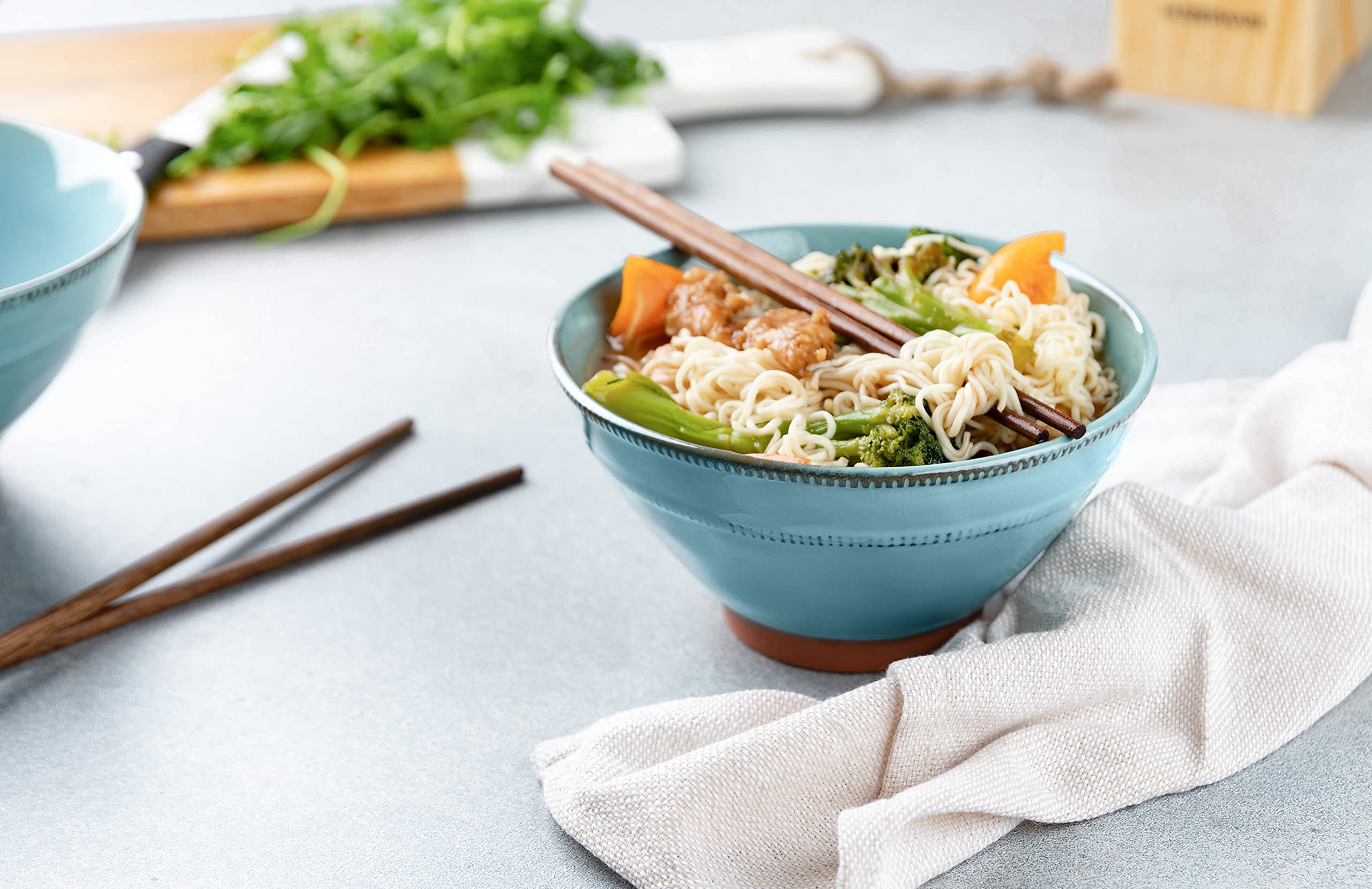 Kook Lot de 2 bols à ramen japonais en terre cuite - Passe au micro-ondes et au lave-vaisselle - Pour riz, Udon, soba, Pho - 1 020,6 g - Avec un lot de baguettes en bois (bleu sarcelle)