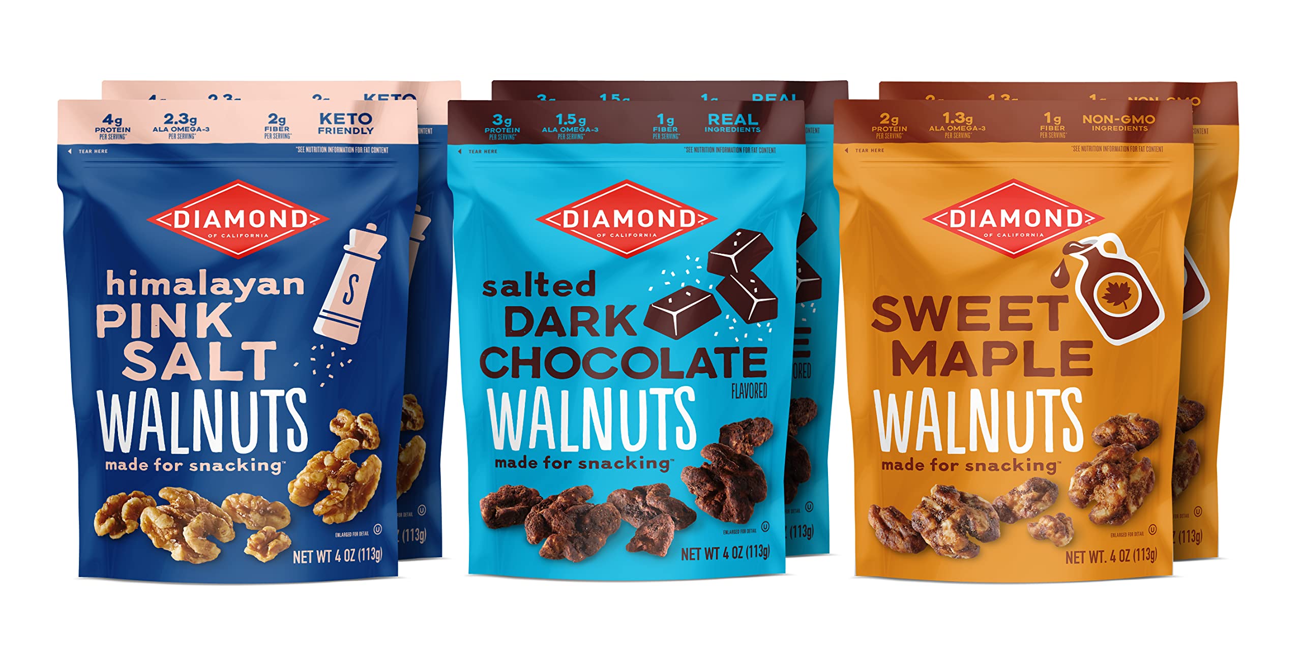 Diamond of CaliforniaAssorted Walnut Snack Packs, 2 4-Oz Himalayan Pink Salt Walnuts, 2 4-Oz Salted Dark Chocolate Walnuts, 2 4-Oz Sweet Maple Walnuts