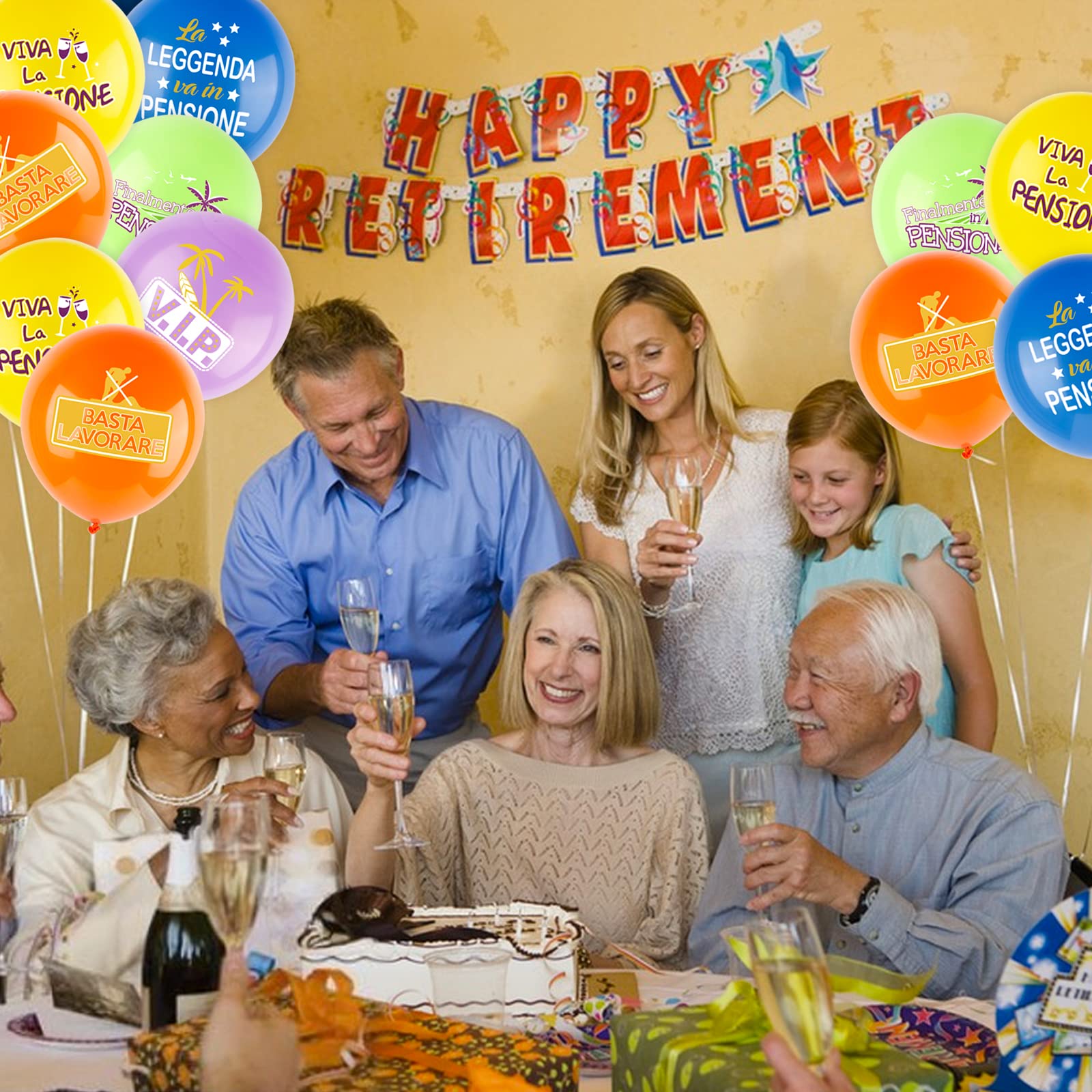 Set Di 30 Palloncini Per Festa Di Pensionamento In Francese - Nero E Oro - Con Nastri