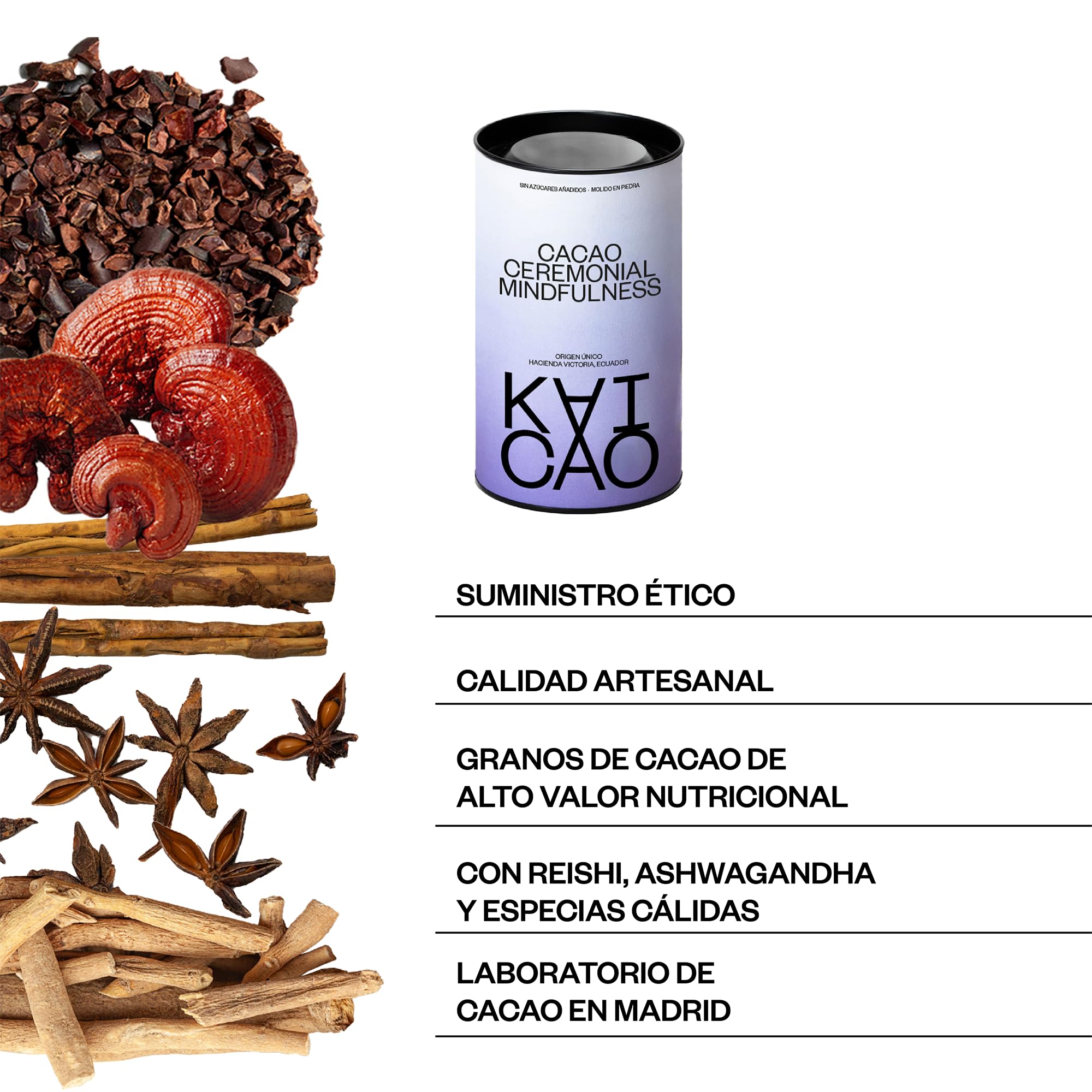 Kaicao Cacao Ceremonial Mindfulness con Reishi y Ashwagandha - Cacao Puro Triturado en Polvo, origen Ecuador – sin Azúcar, Vegano, sin Gluten, Dieta Keto - 200g