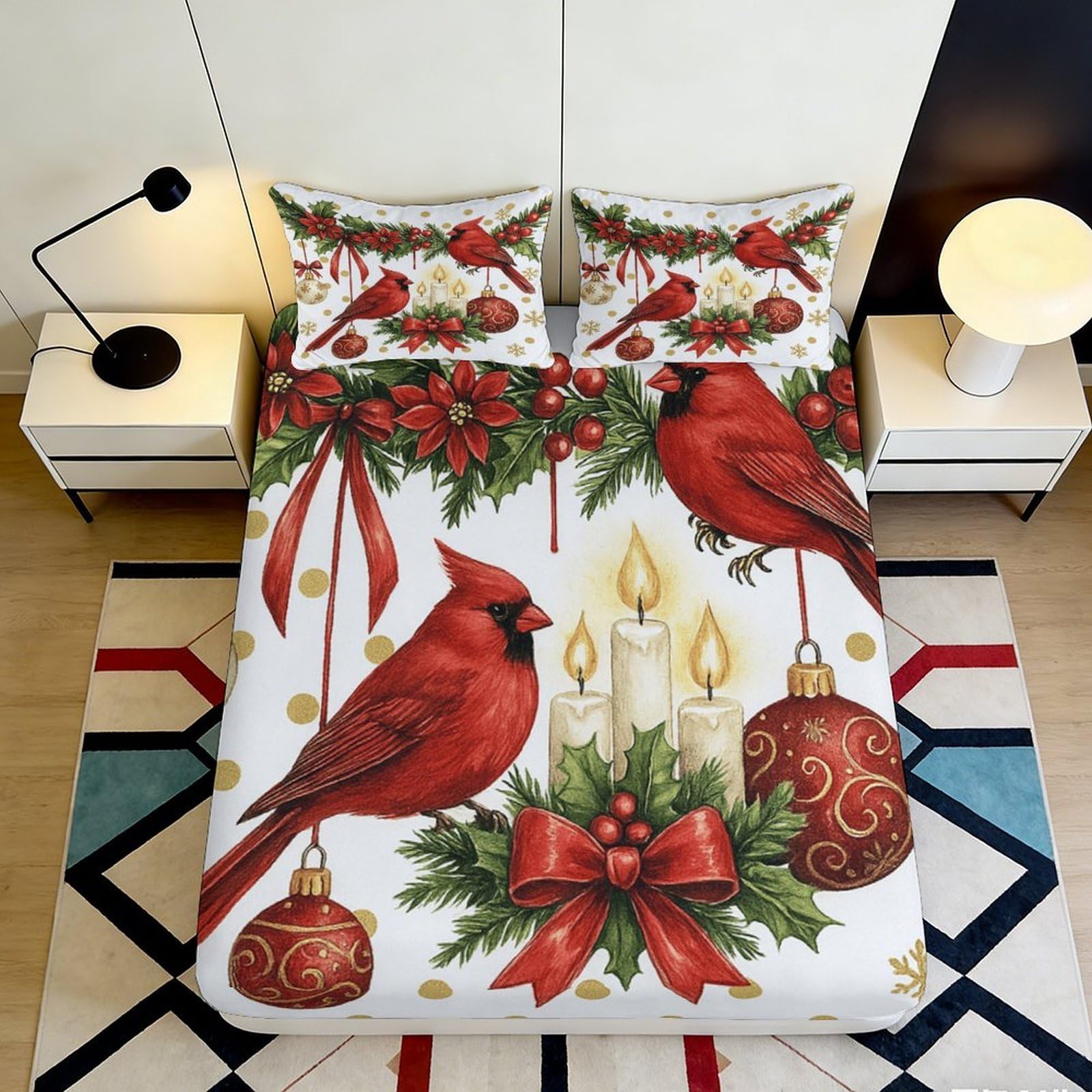 3D Printed Christmas Cardinal Fitted Sheet Microfiber Red Bird Candle Bed Cover for Bedroom Guestroom Easy Care 90x200x25cm