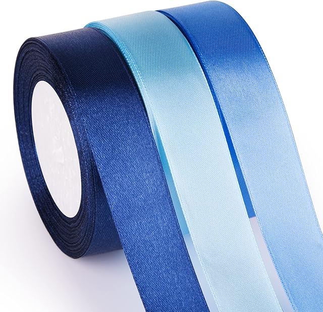 ASTARON Blue Satin Ribbon for Wedding Bouquet DIY Crafts 1 Inch, Solid Color Ribbon Fabric Ribbon for Gift Wrapping Gift Bows Hair Bows Silk Ribbon for Bouquets Baby Shower Decor