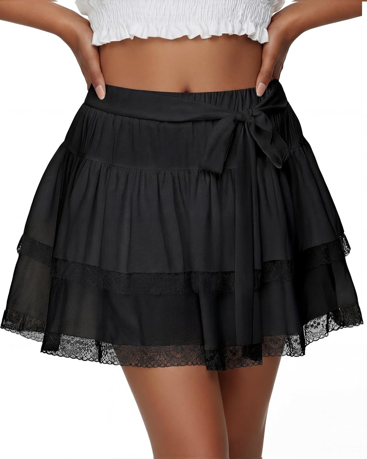 Women's Lace Mini Skirt High Waist Layered A Line Short Skirt Boho Ruffle Hem Y2K Cute Tiered Lingerie Skirts