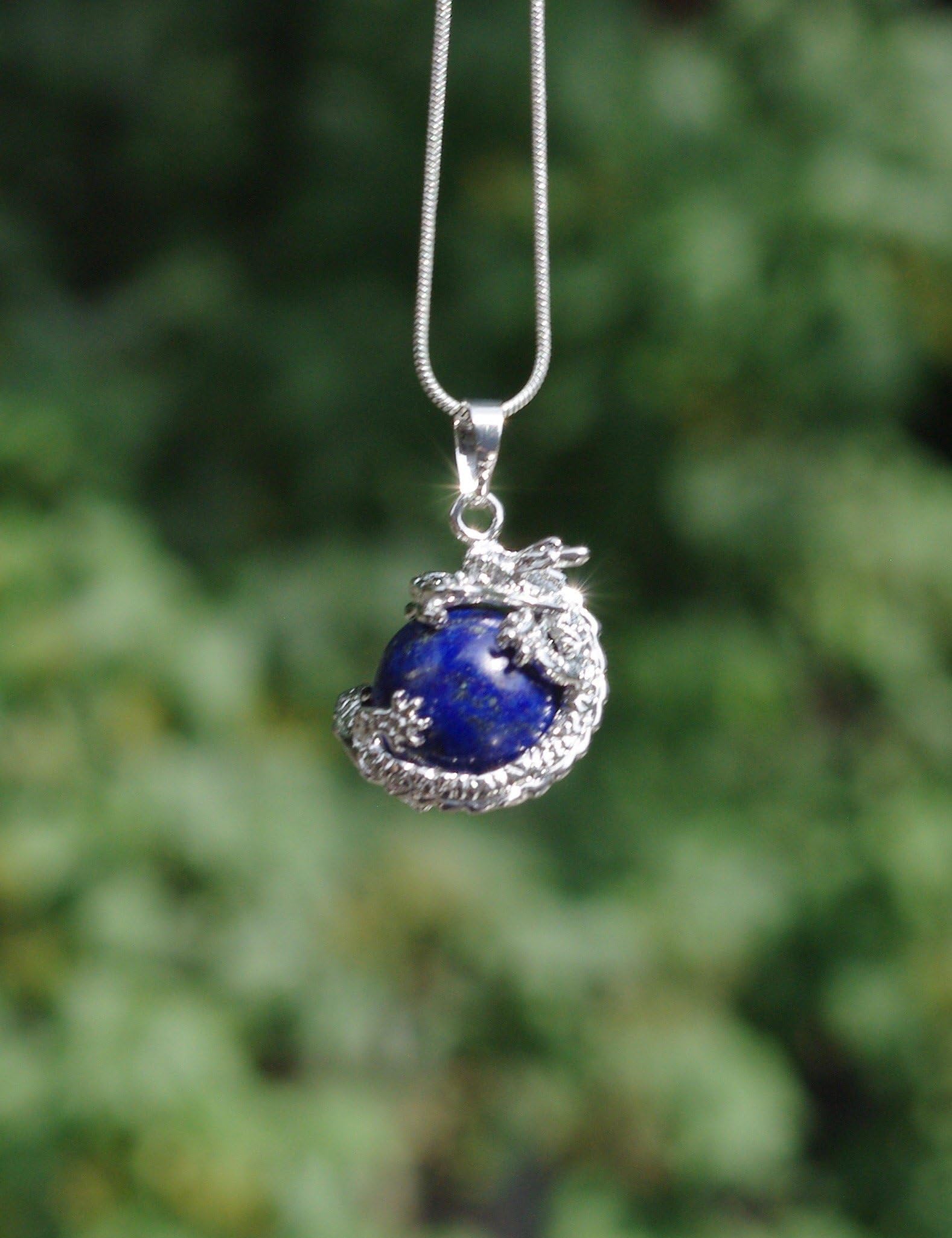 Lapis Lazuli Stone Dragon Pendant Necklace on a Sterling Silver Chain