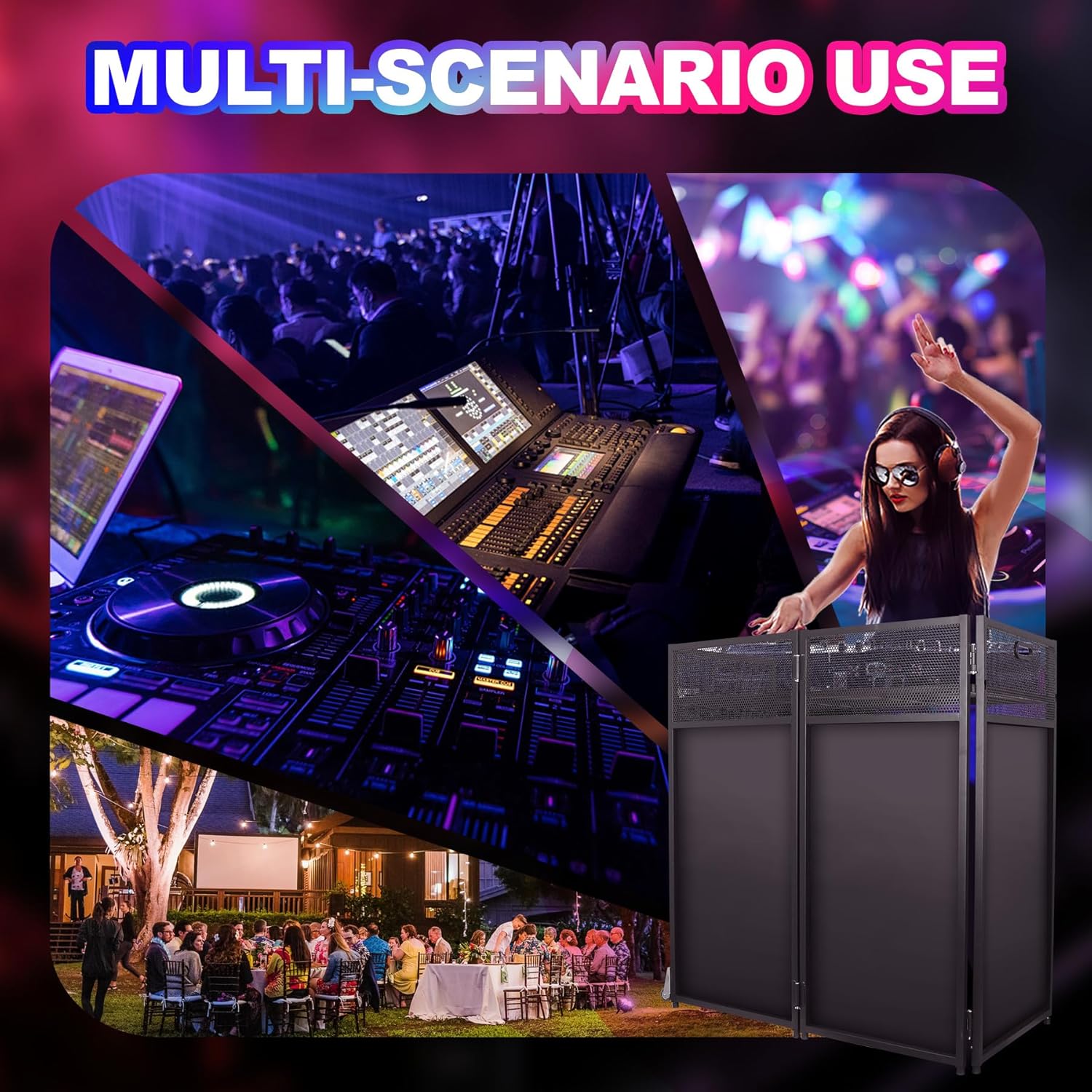 Sidasu DJ Facade Booth Table 41" x 43"x 20"-Portable with Black&White Lighting Scrims Flat DJ Booth Panel-Black Metal Frame with 2 Extra Wheels for Show, Party (Black)