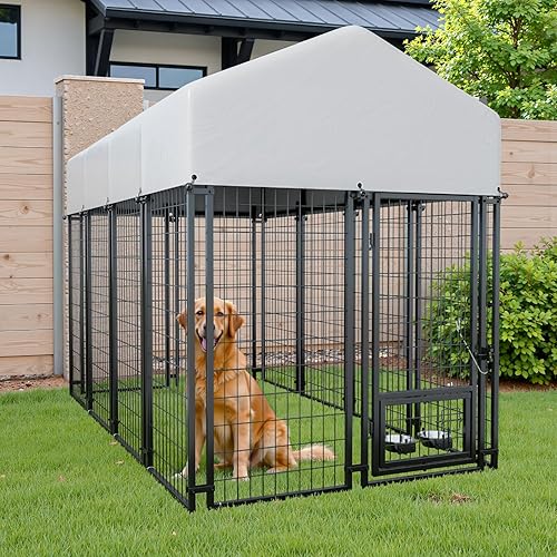 Miniatura 2 de Greesum - Perrera grande para exterior de perros, corral resistente de alambre soldado de acero con cerradura seguracubierta de techo impermeable