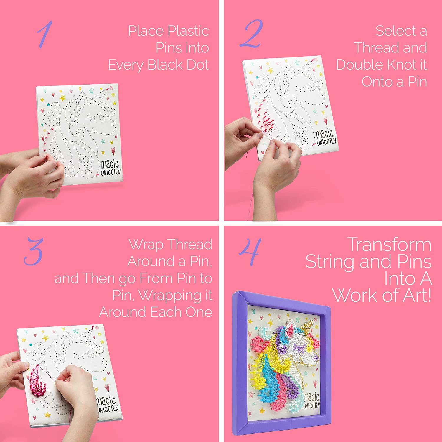 Unicorn String Art Set, Complete Arts and Crafts Project for Girls, Makes a Framed Unicorn String Art, Includes a Board, Frame, Pattern Poster, 280+ Pins, 6 Colors of String, and 2 Metallic Strings