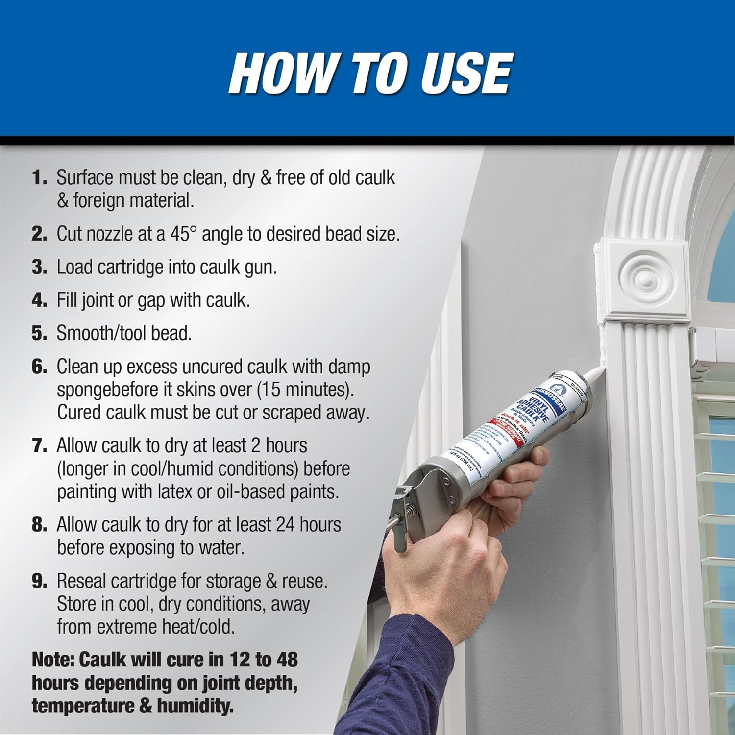 Step-by-step instructions for using Phenoseal Vinyl Adhesive Caulk, showing surface preparation, nozzle cutting, loading, application, smoothing, and cleanup.