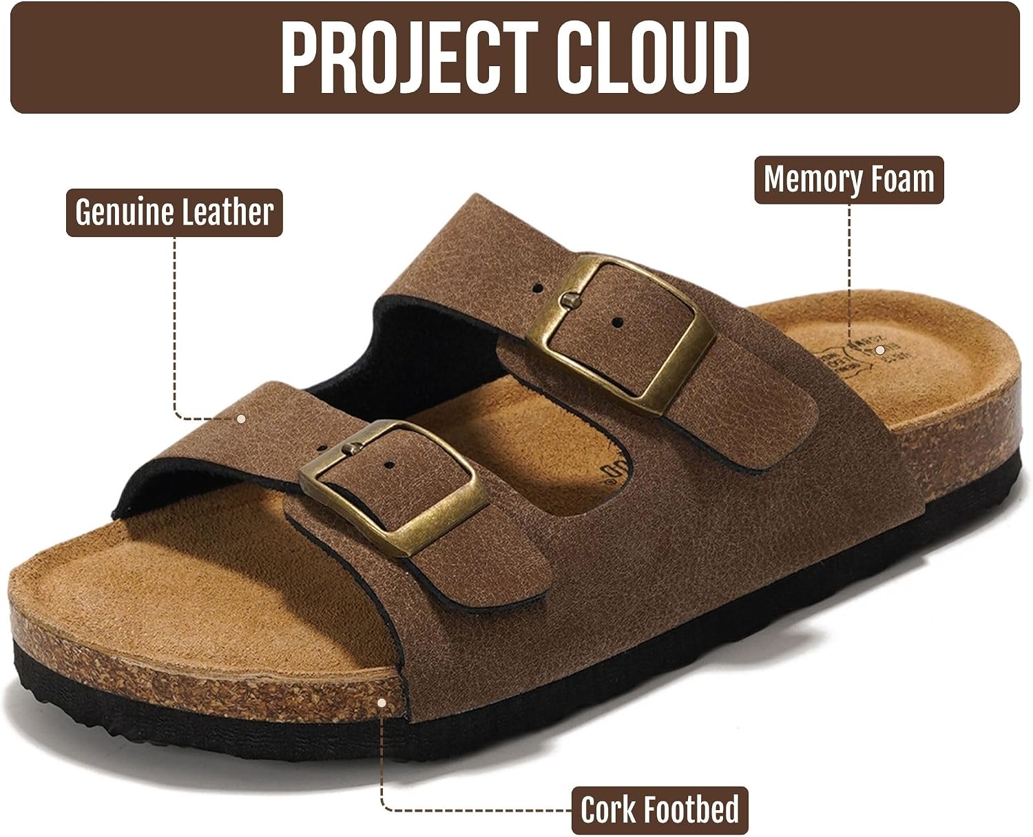 Project Cloud Kids Sandals 100% Genuine Leather - Natural Cork Footbed Non-Slip Slides for Kids - Lightweight Boys & Girls Sandals - Water-Resistant Girls & Boys Sandals