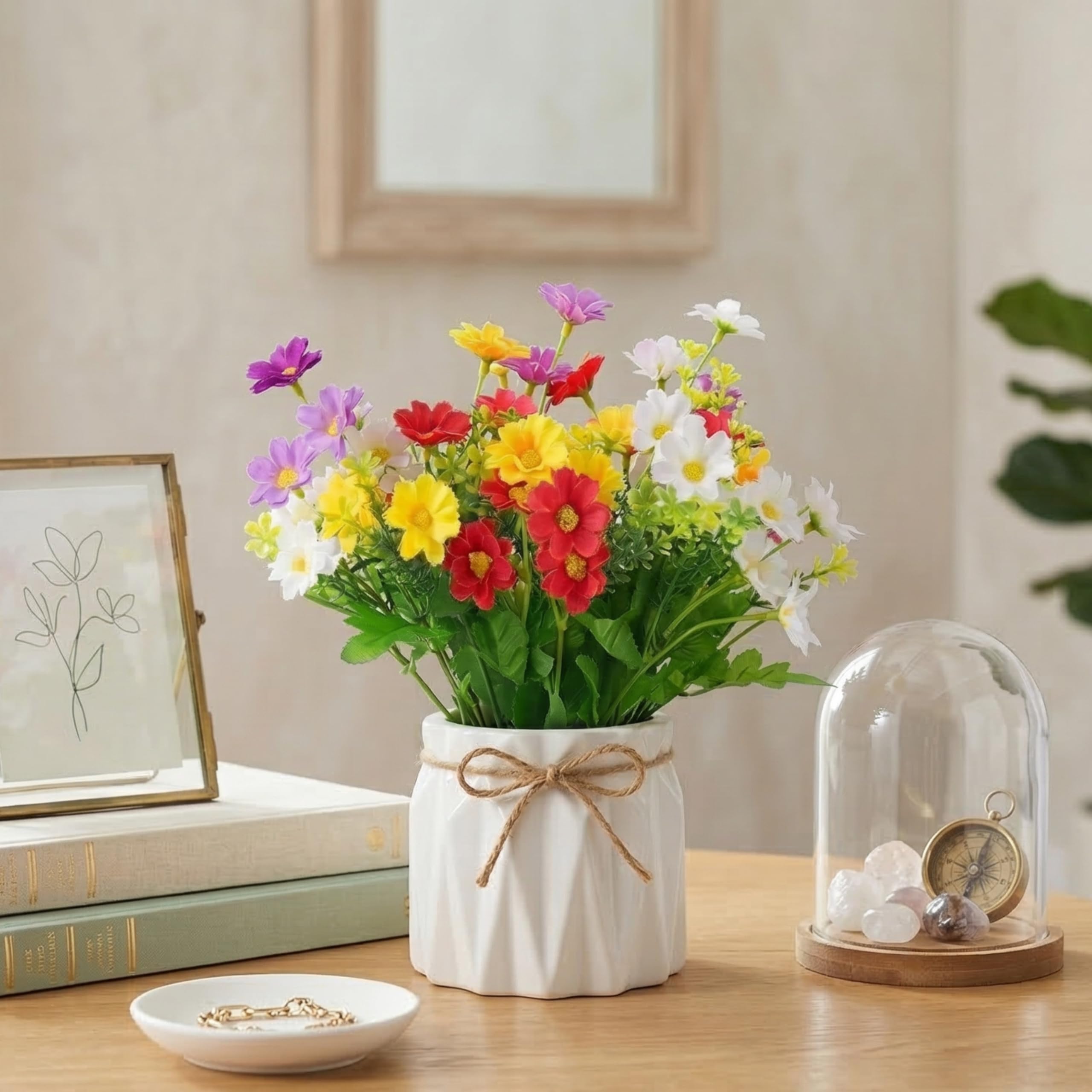 Dekorly Artificial Lavender Plant in White Pot, 18cm – Realistic Faux Flower Arrangement for Home & Office Décor (Set of 1) (1, Daisy Fern)