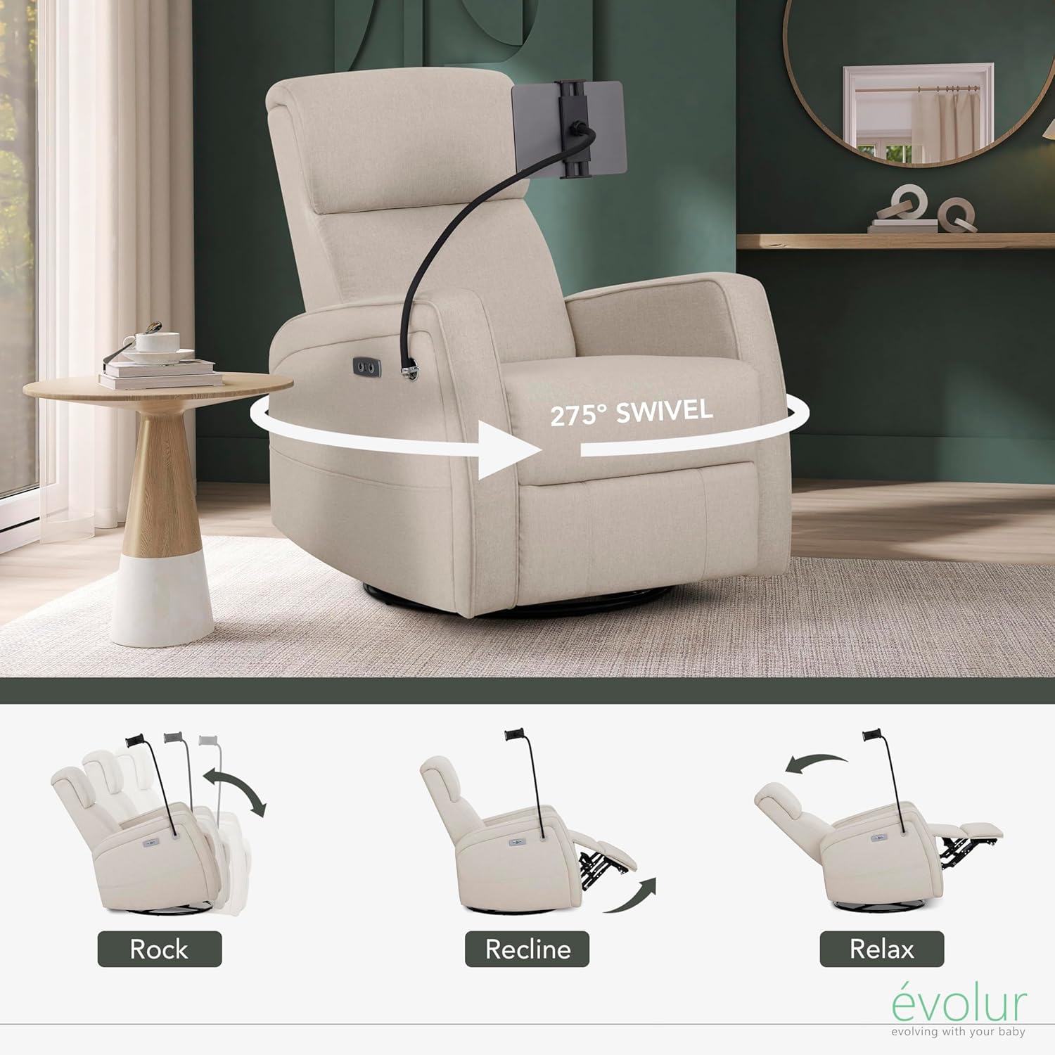 évolur Maverick Upholstered Power Glider Recliner with Device Holder – Swivel, Rocking & Smooth Power Recline – Greenguard Gold & FSC Certified, Modern Nursery and Living Room Chair in Light Sand