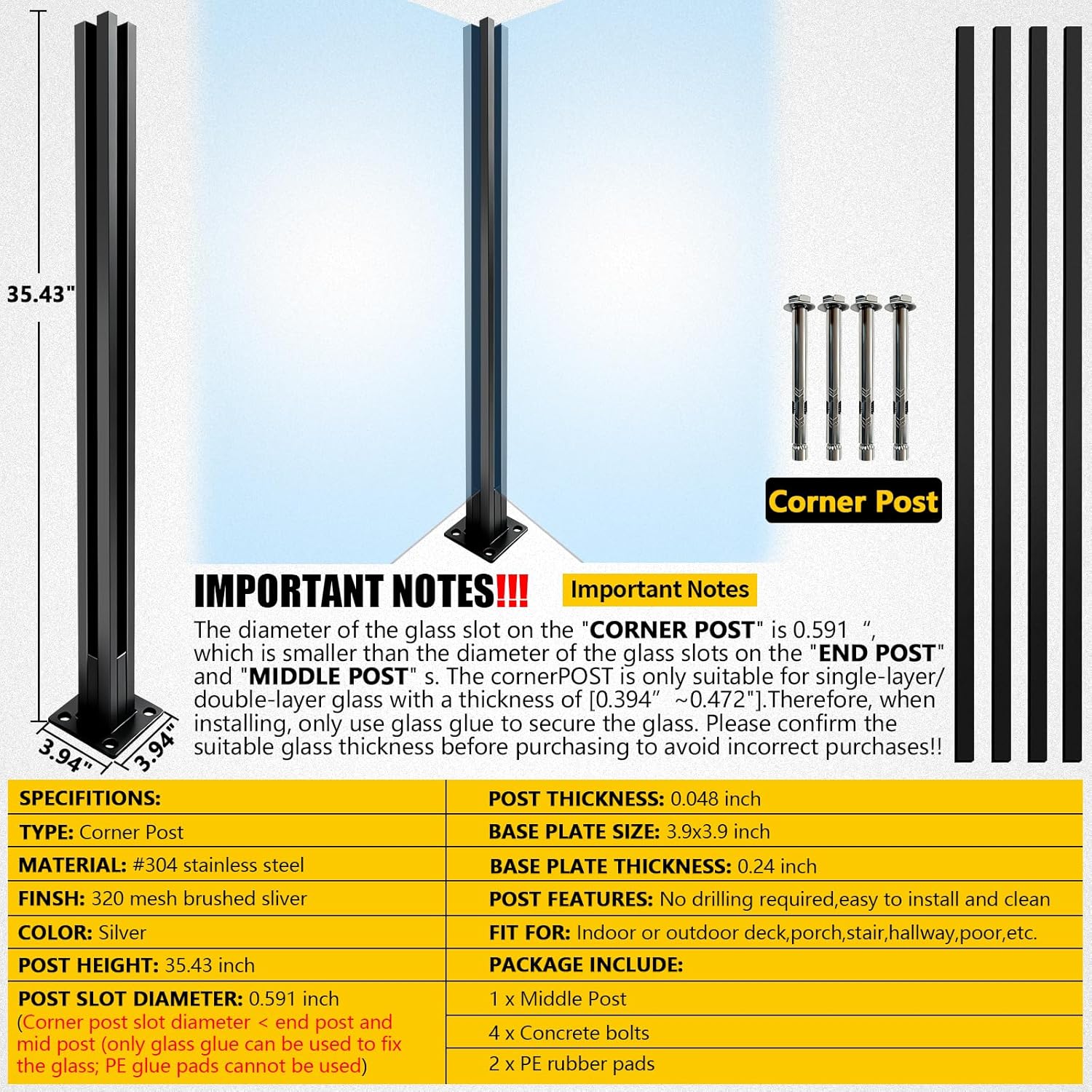 3ft(H/36) Glass Balustrade Corner Post with Mounting Strip,Black Garden Privacy Fence Posts with Spigot Slot&Sturdy Base for Glass,Wood,PVC,DIY Serial Post for Step,Balcony,Hallway,Deck,Yard
