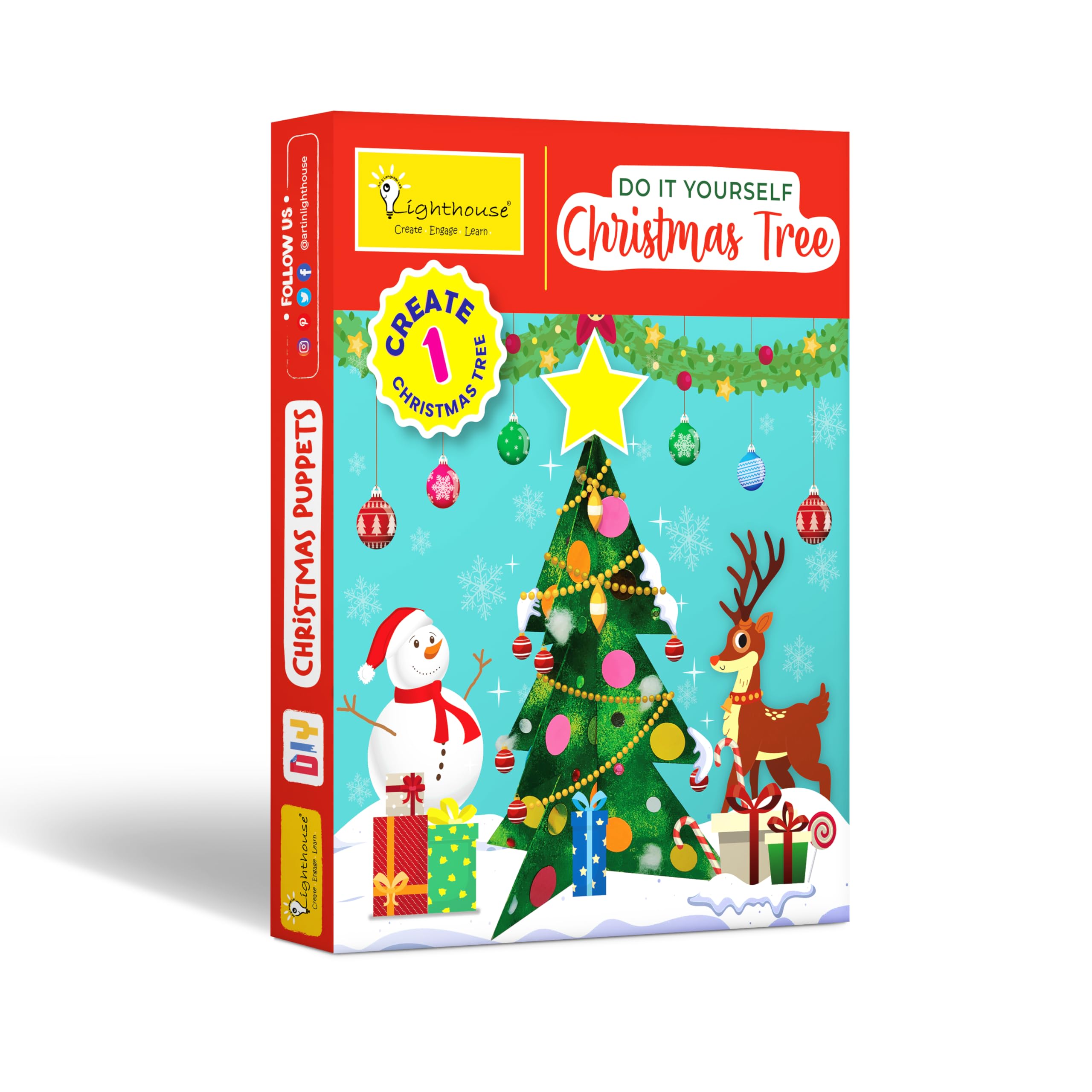 LIGHTHOUSE Art and Craft Kit | DIY Christmas Tree Kit for Kids, Includes 2 Christmas Tree Cards, Colors, Sequins, Paper Cutouts, and More | Christmas Gift for Kids (Pack of 10)