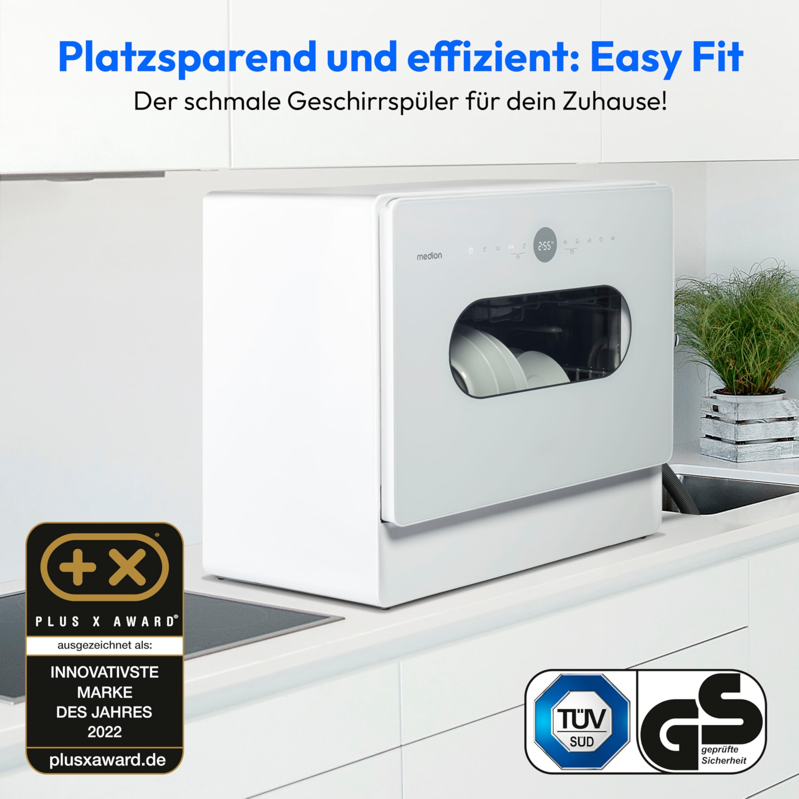 MEDION Mini Geschirrspüler DWT51 Tischgeschirrspüler mit Touch-Bedienfeld 5 Maßgedecke 7 Reinigungsprogramme weiß