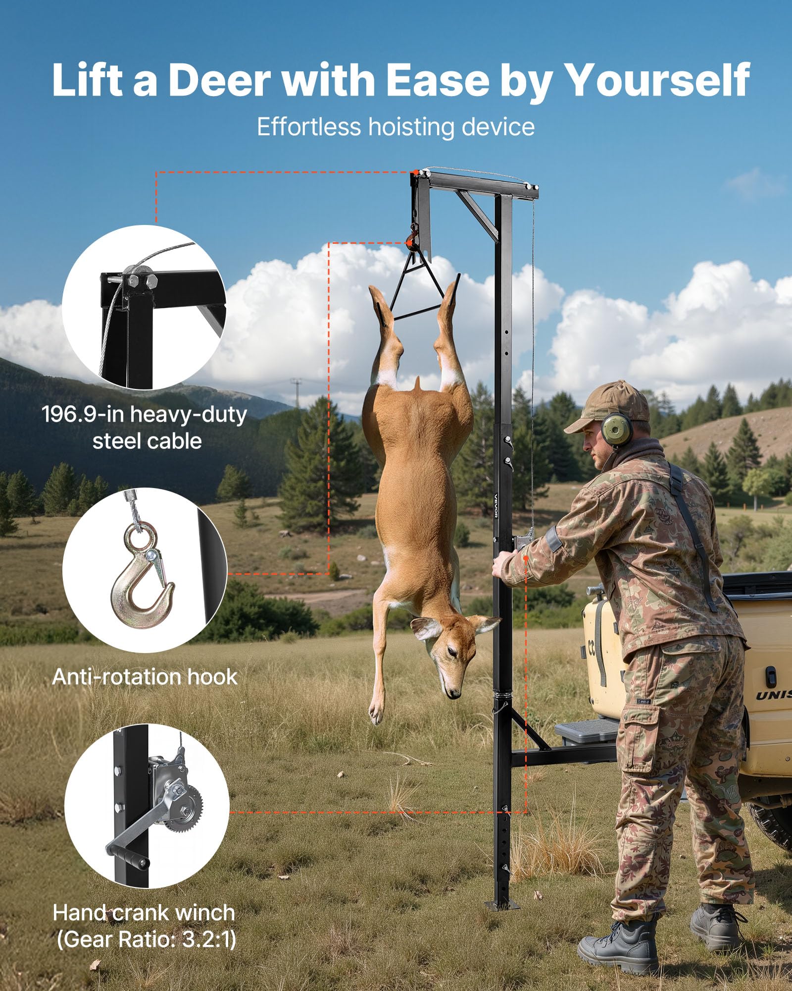 VEVOR Polipasto de Enganche para Camión, Carga 272 kg, Grúa para Caza de Ciervos con Receptor de 5 cm, Eje Giratorio de 360° y Altura Ajustable, Incluye Cabrestante para Desollar y Limpiar la Presa