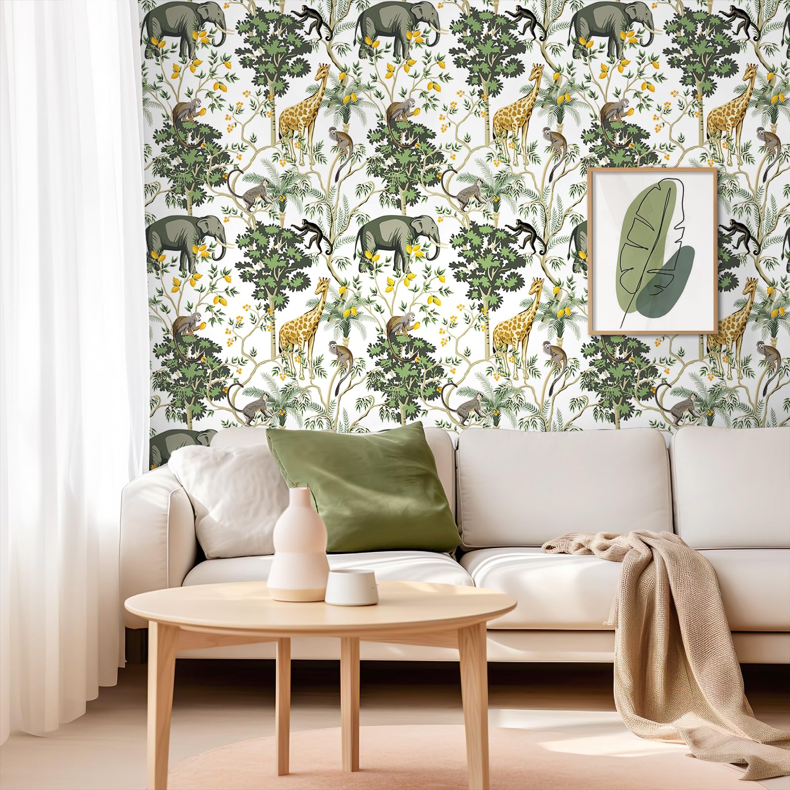 VEELIKE Exotic Safari Wallpaper for Nursery Kids Room White Tropical Wallpaper for Bedroom Living Room Elephant Giraffe Monkey Wall Mural Peel and Stick Animals Jungle Wall Paper 44.5 cm x 300 cm - Image 4