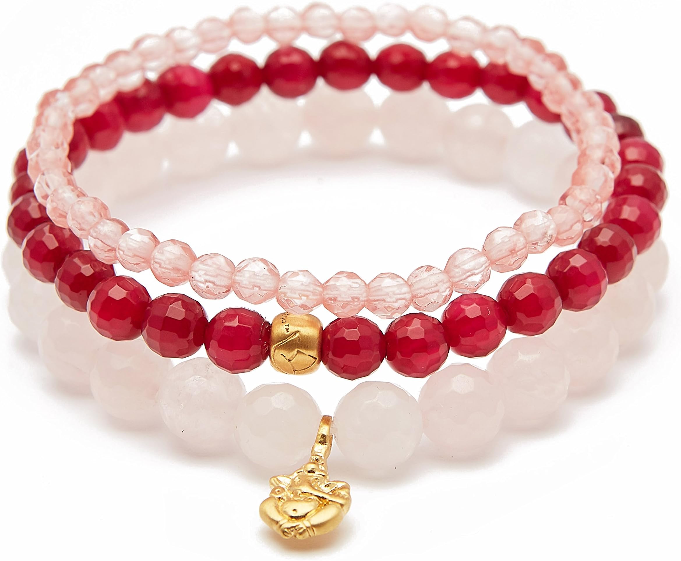 Satya Jewelry Women's Rose Quartz Fuchsia Agate Cherry Quartz Gold Ganesha Lotus Stretch Bracelet Set, One Size