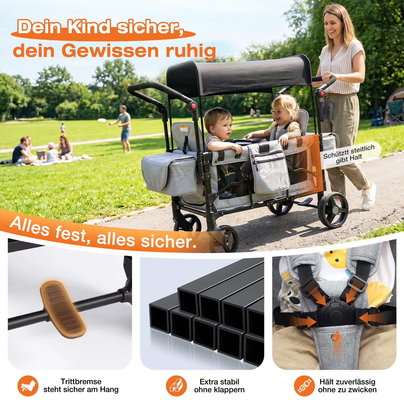 Sekey Bollerwagen Kinder Zwillingsmodus, Bollerwagen Faltbar mit Dach 2 Kinder, Duo Schiebegriff Kinderwagen Doppelsitz mit 2 integrierten 5-Punkt-Gurtsystem, Zwillingskinderwagen Luxer 6060, Grau