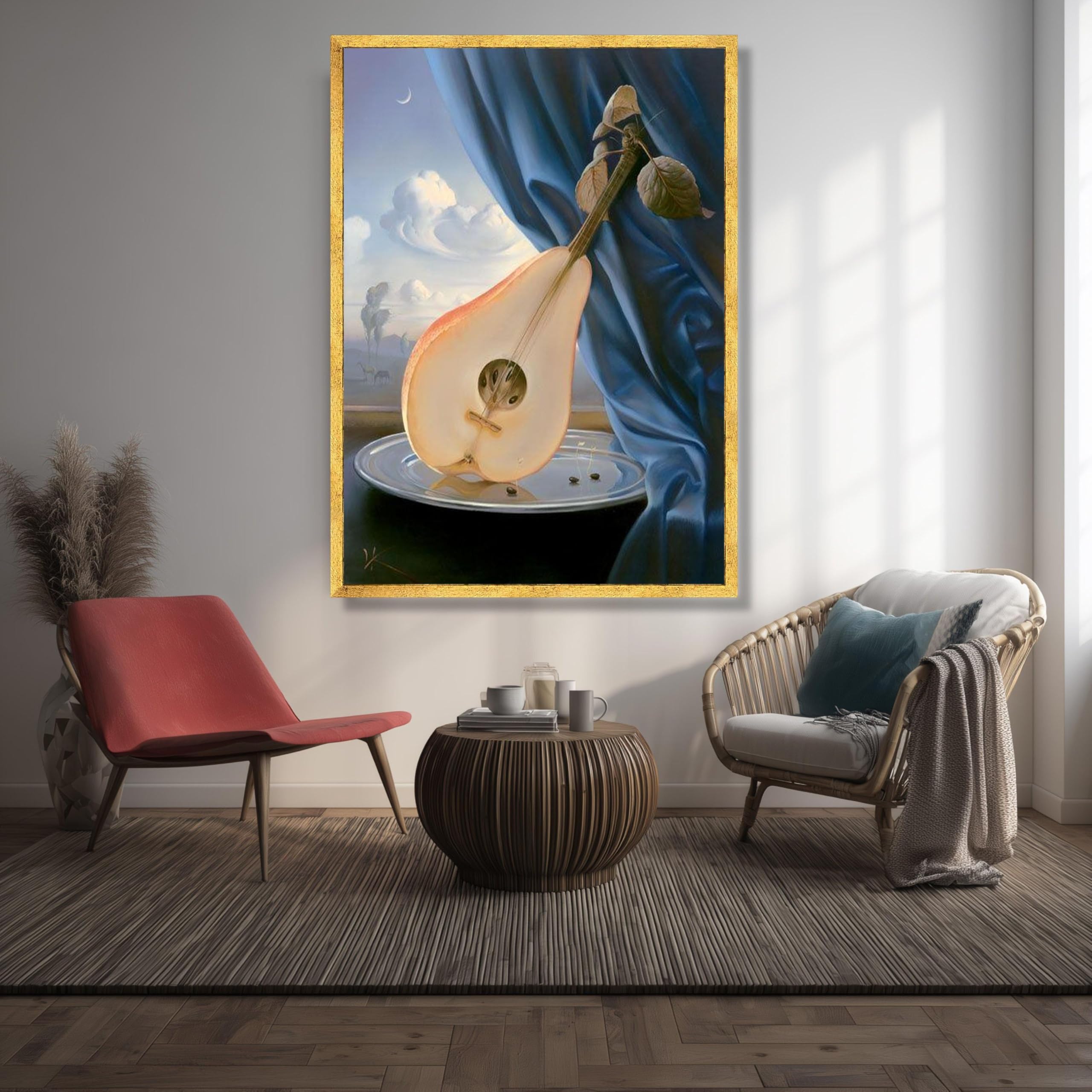 XINBAO Surrealistyczne płótno z gitarą i gruszką, sztuka ścienna, martwa natura, nowoczesny surrealistyczny obraz na płótnie, dekoracja domu (80 x 110 cm/rama wewnętrzna)