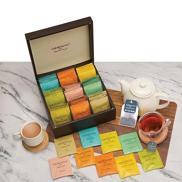 Goodwyn Assorted Tea Sampler Box  90 Individually Wrapped Tea Bags | Premium Herbal, Black & Green Tea Collection in Reusable Wooden Chest | 9 Flavors x 10 Each: Peppermint, Chamomile, Assam, Darjeeling, Lemon, Green Tea, Kahwa, Jasmine, Earl Grey | Ideal Gift Set Box