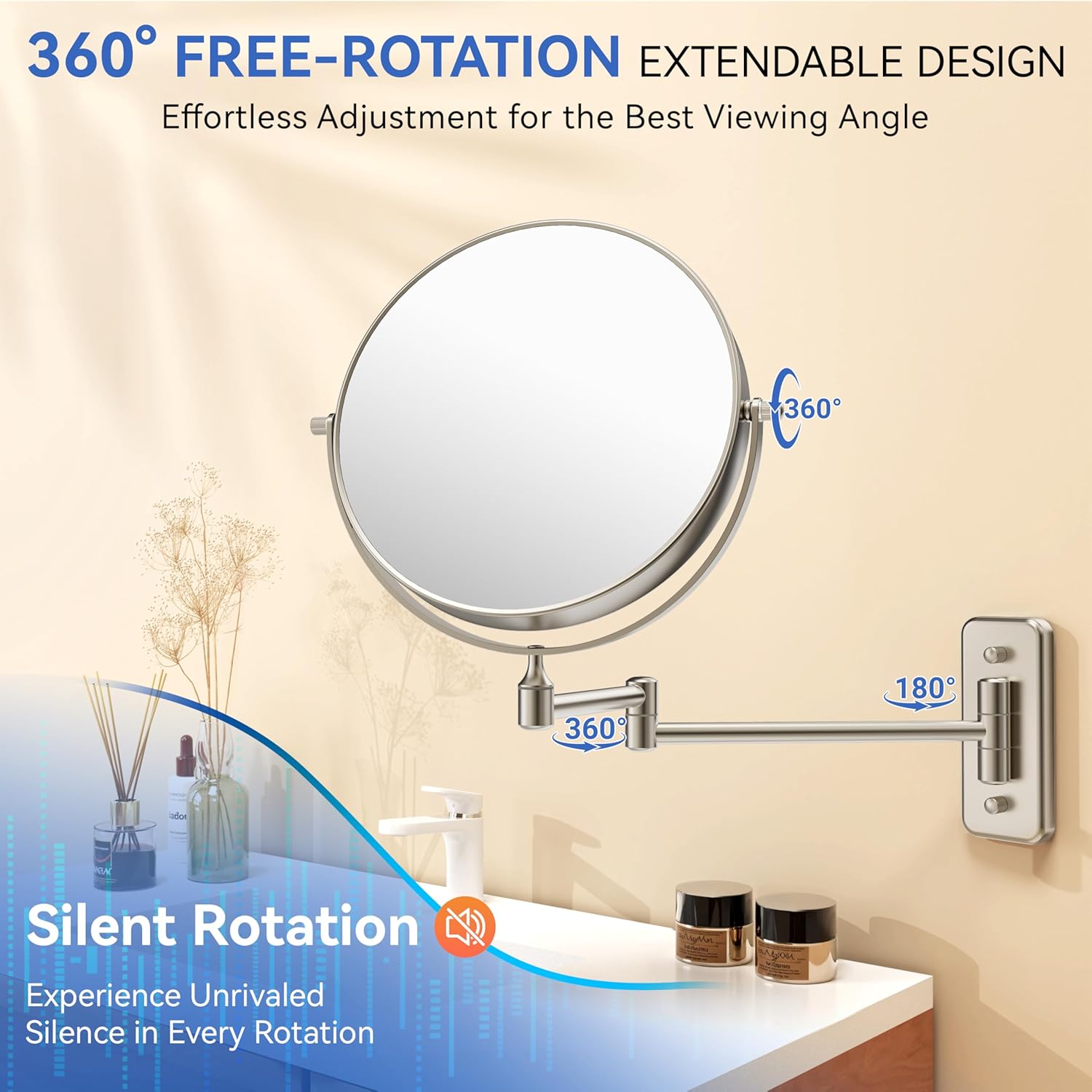 Auxmir 1X/30X Wall Mounted Makeup Mirror, Double-Sided Magnifying Mirror with Tweezers, Bathroom Makeup Mirror, Cosmetic Vanity Mirror with 360 Rotation Extendable Swivel Arm, Nickel