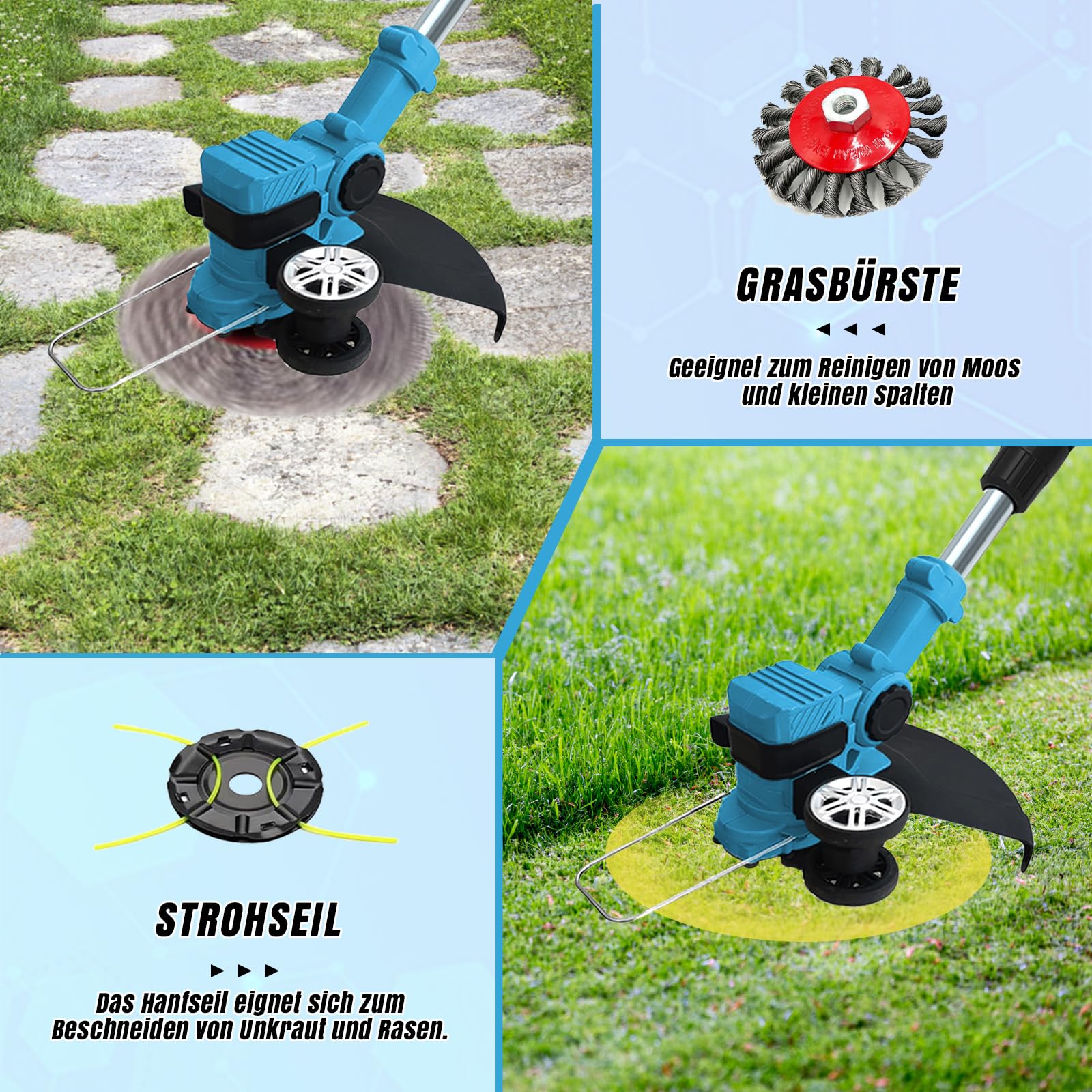 Akku Rasentrimmer kompatibel mit Makita-Akkus mit 4 verschiedenen Messertypen Bürstenloser Rasentrimmer mit 2 x 21V-Akkus Rasenkantenschneider Akku-Motorsense für Garten