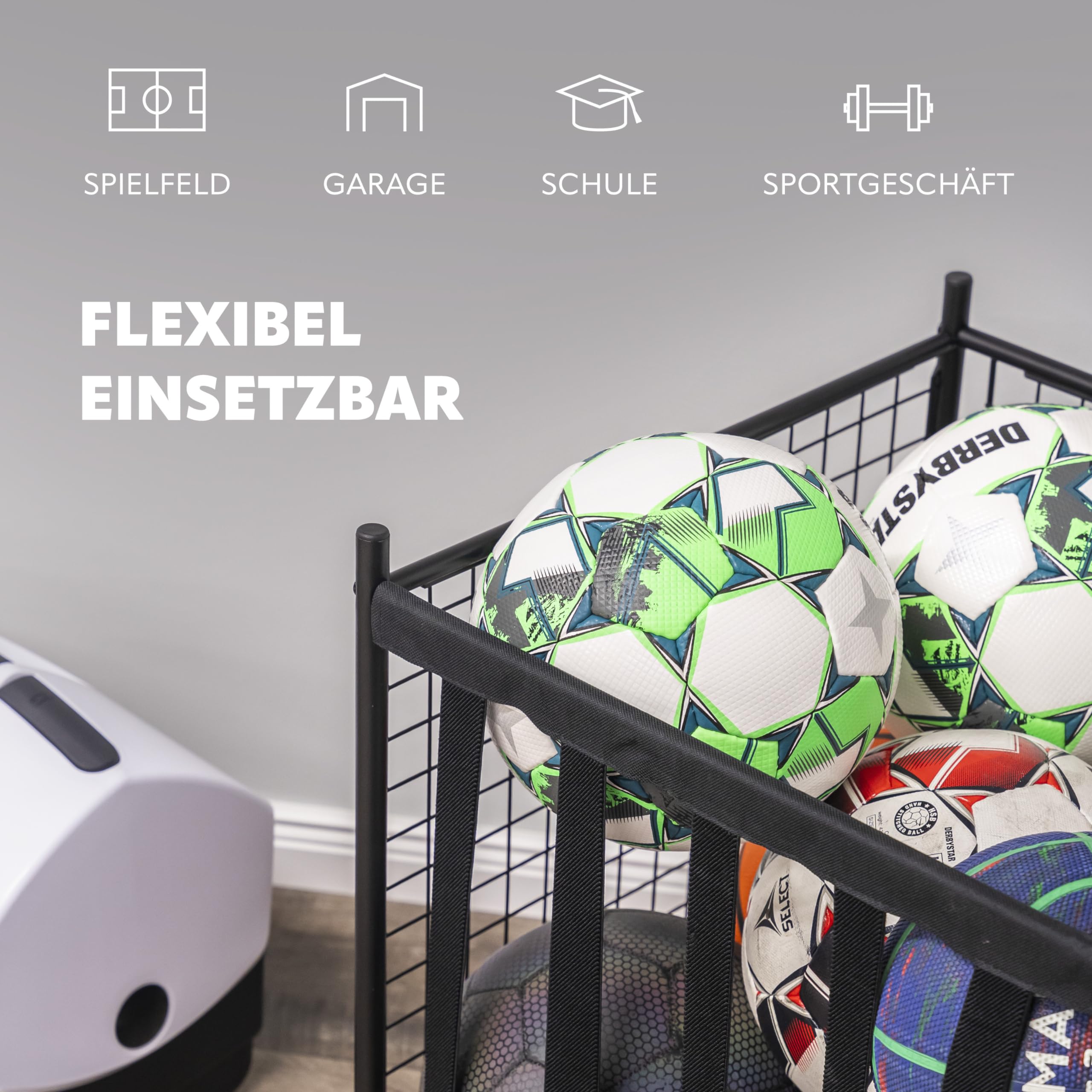 eluno mobiler Sportball-Aufbewahrungswagen stapelbar, Ballwagen zur Aufbewahrung von Fußbällen, Volleybällen, Basketbällen, Handbällen etc. mit 5 Gurten an Einer Seite, aus schwarzem Stahl
