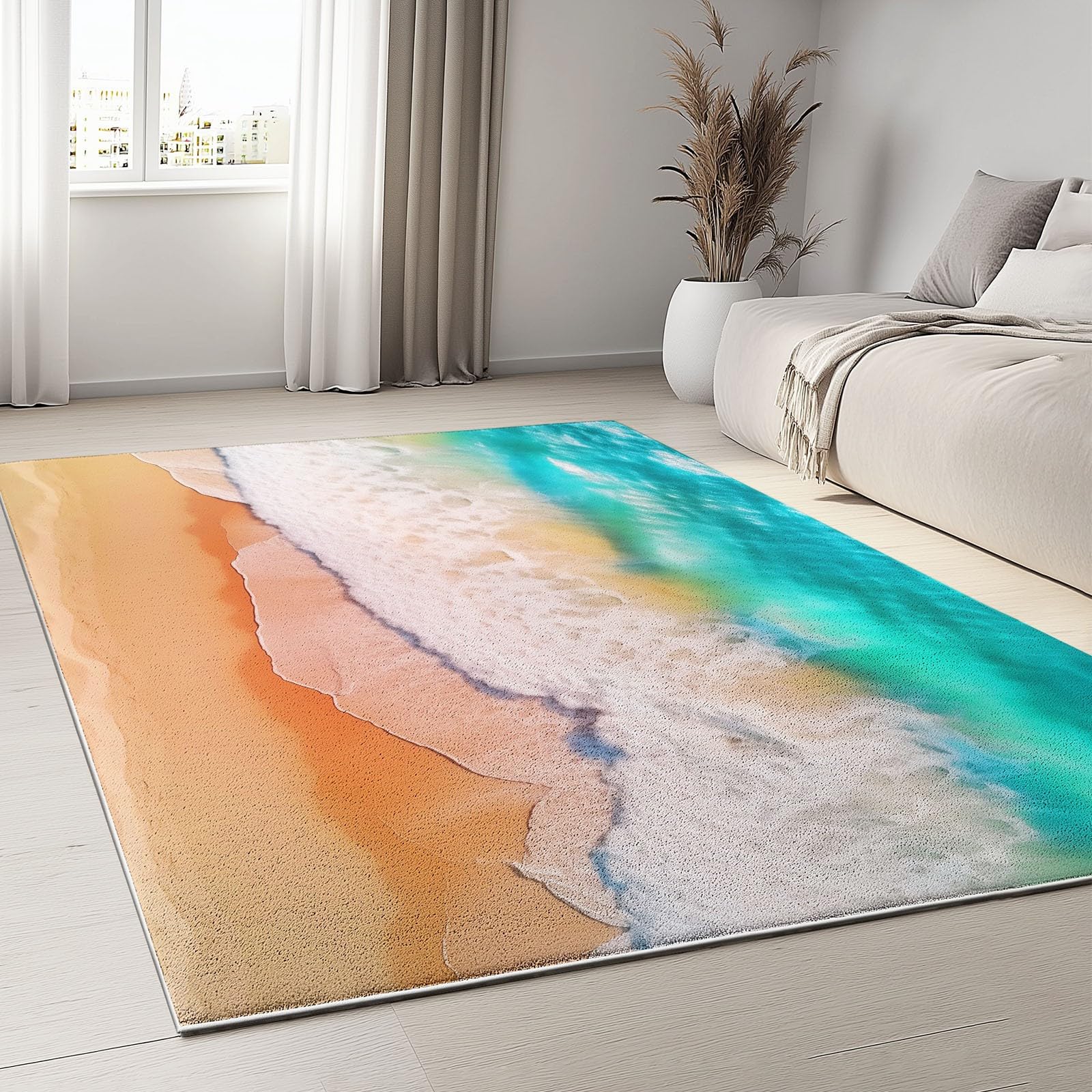 Générique Tapis de Salon 140 x 200 cm Tapis Poil Court Fin Doux Léger Résistant, Vagues et Rayures Plage Super Doux Côtier pour Salle à Manger et Bureau Chambre Cuisine