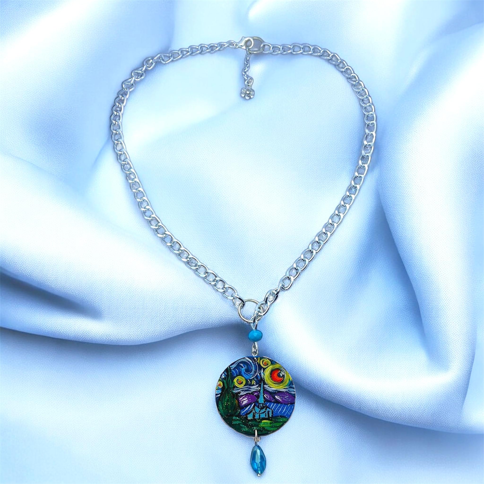 Collar con colgante pintado a mano – La noche estrellada, cuadro famoso – Collar con colgante pintado a mano, medallón de madera pintado a mano, joya elegante en madera totalmente pintada