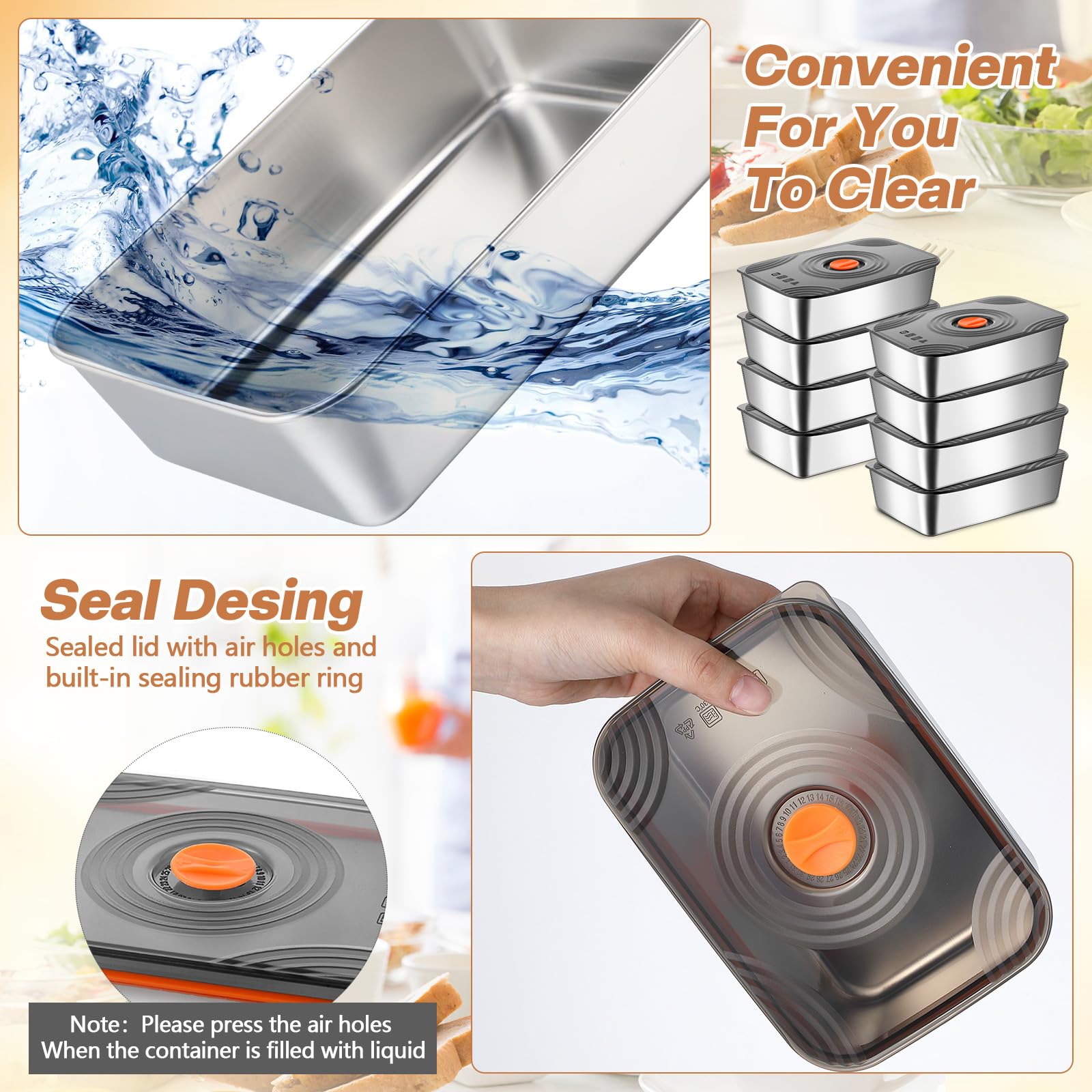 Layhit 16 juegos de recipientes de almacenamiento de alimentos de acero inoxidable de 60 onzas con tapas, grandes, reutilizables, apilables, contenedores de metal rectangulares para exteriores, para
