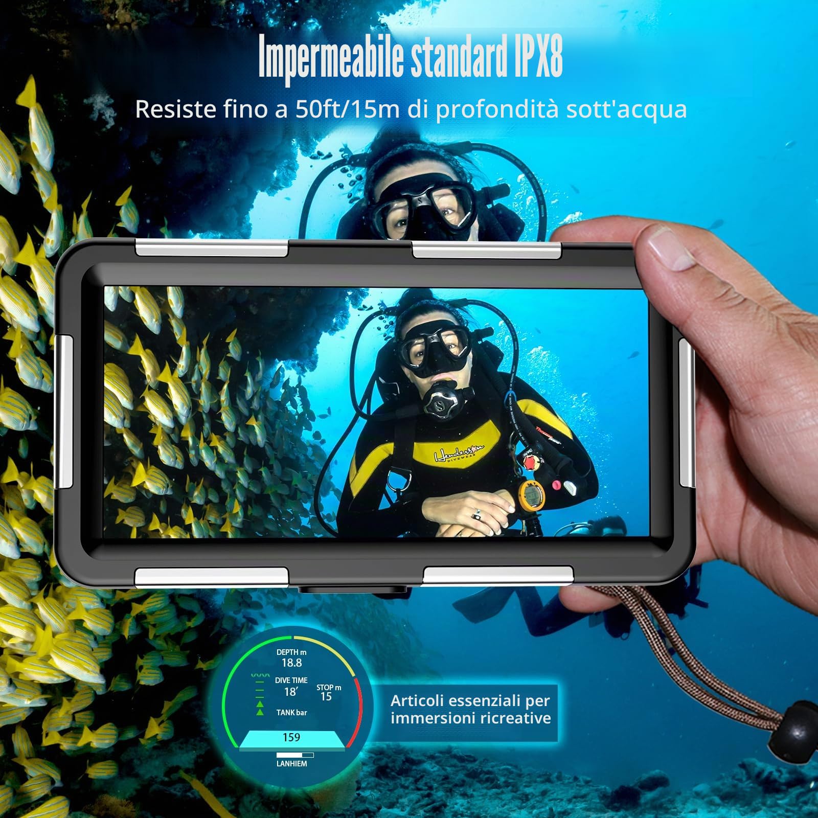 Custodia subacquea impermeabile per snorkeling e immersioni per iPhone 16/15/14/13/12/11 Pro Max 15m/50ft Custodia impermeabile professionale per immersioni subacquee Custodia per foto e