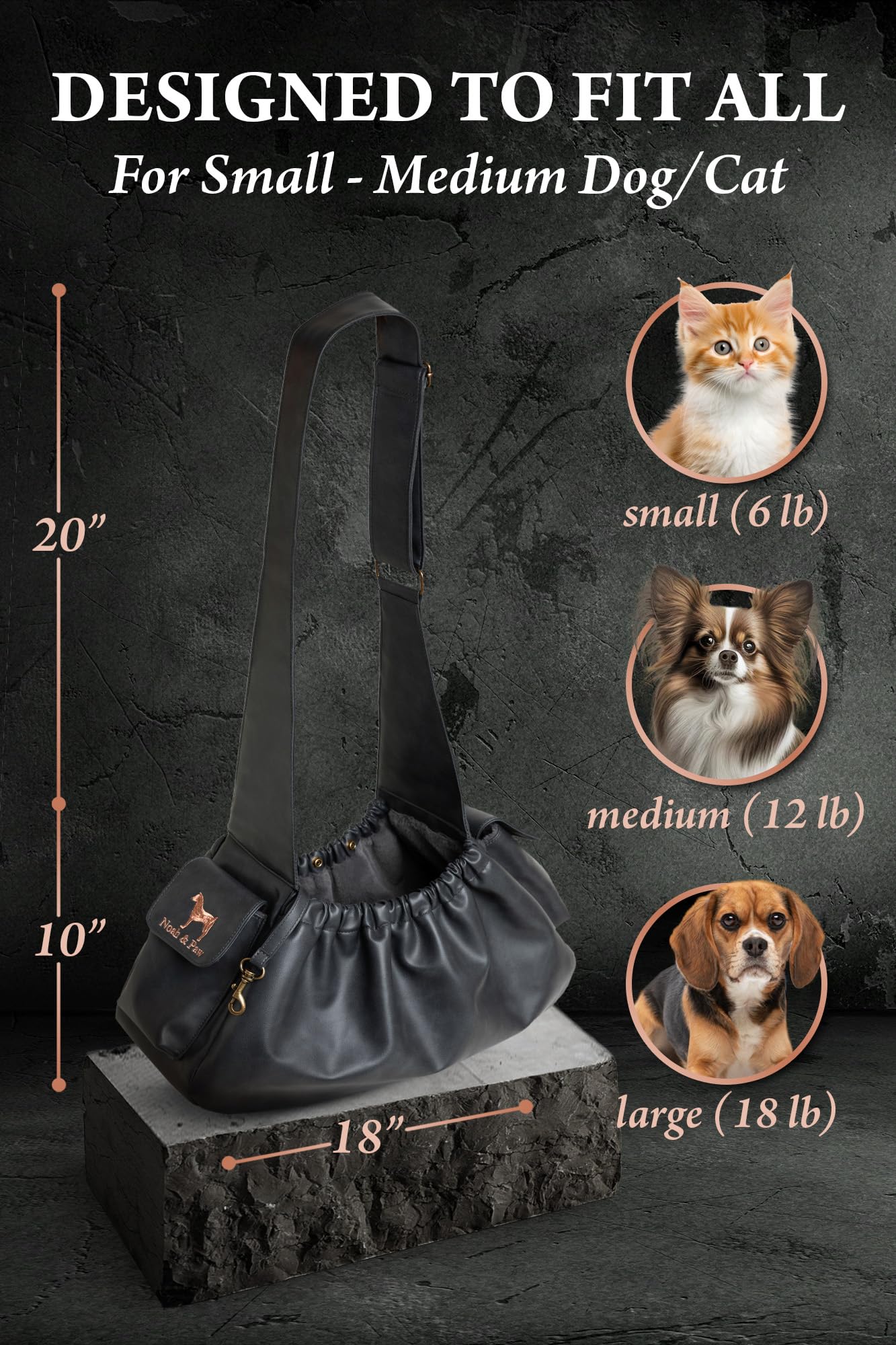 Noah & Paw Bandolera transportin Perro 2,2-8 kg, transportin Gato pequeño, Bolsa Transporte Ajustable para Mascotas, Doble función de Seguridad, Fabricado en Cuero Vegano.