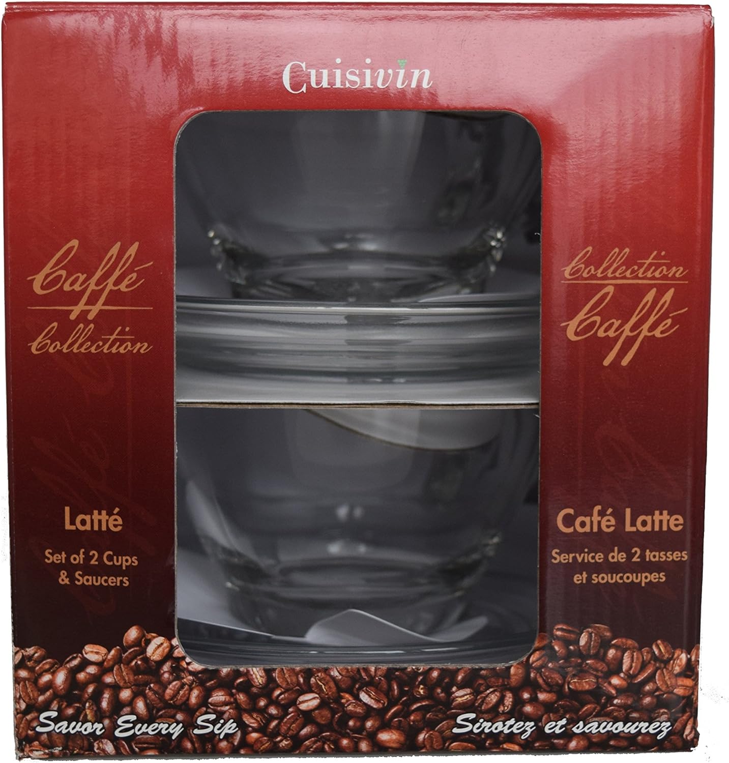 Top Rated Cuisivin Caffé Collection Latte 9 oz Cup and Saucer-gift box set (2 cups + 2 saucers) Drinkware Cups With Saucers, Clear