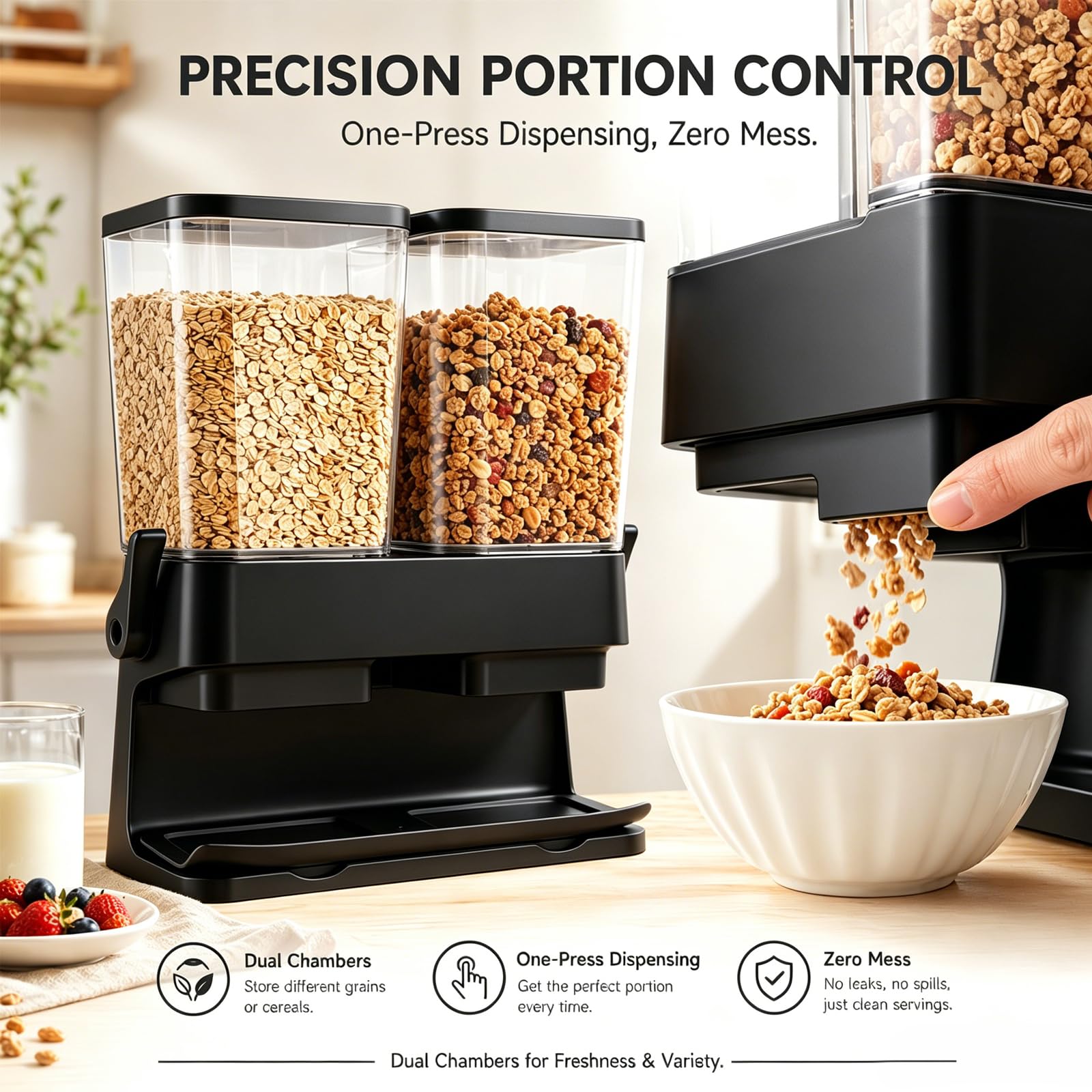 Müslispender 2er Set, 2 x 3L Cereal Dispenser, auslaufsicher & lebensmittelecht, klare Luftdichte Behälter für Cornflakes, Nüsse, Kaffeebohnen & Haferflocken, platzsparend für die Küche (Schwarz)
