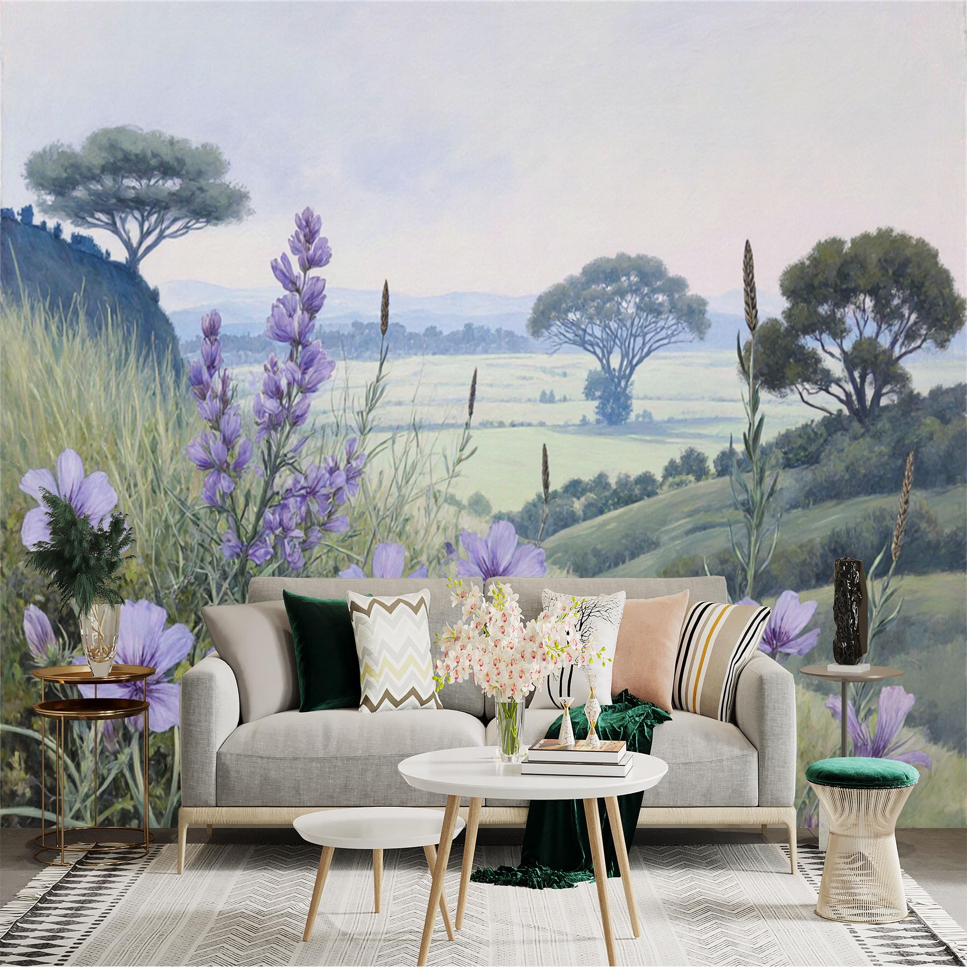 Lnzczhyre Xc260505789 Custom Size Wall Sticker Mural， Purple Wildflower Meadow， Serene Rural Valley View， Picturesque Spring Landscape， For Wall Decoration， Peelandstick Wall Decals.