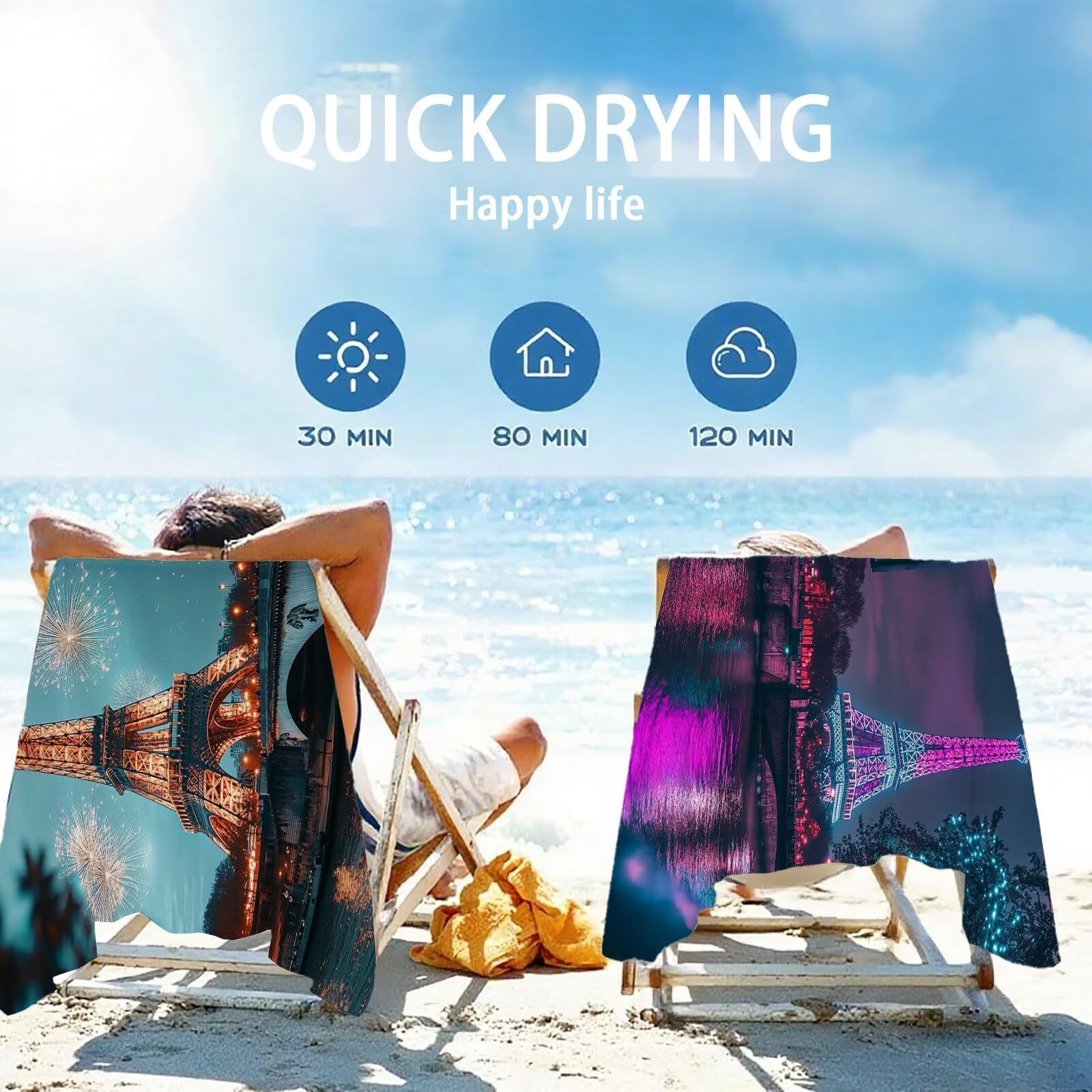 Ręczniki plażowe z mikrofibry, 100 x 200 cm, Paryż, ręcznik plażowy dla dorosłych, bardzo duży ręcznik z mikrofibry, Wieża Eiffla, ręczniki kąpielowe z torbą siatkową, dwustronny, bez piasku