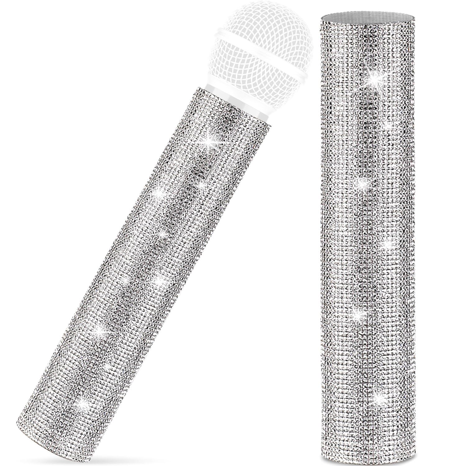 MIC NOT INCLUDED, Facmogu Silver Mic Handle Cover, Rhinestones Mic Handle Sleeve for Party & TV Show, Microphone Cover Sleeve with Sparkly Bling