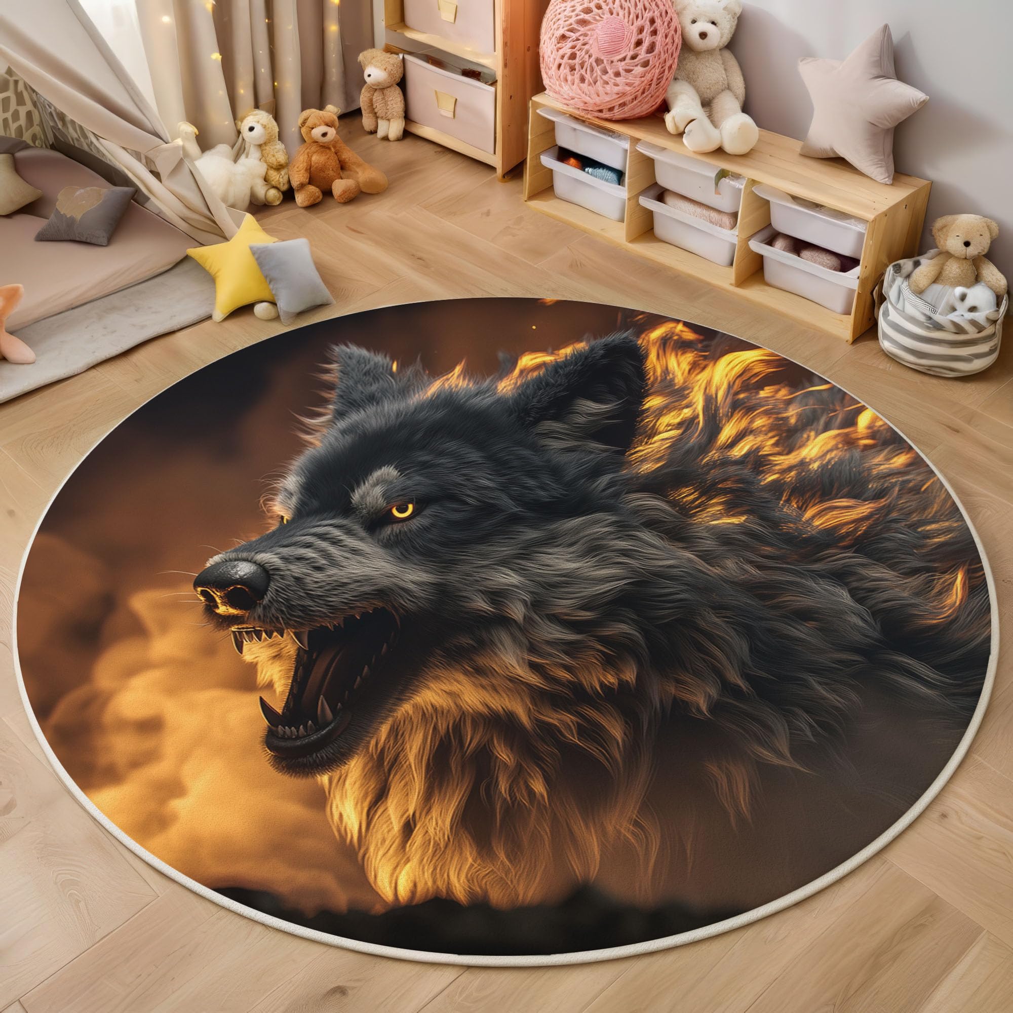 Tapis rond Loup en Colère de 60cm jaune lavable pour la décoration du salon