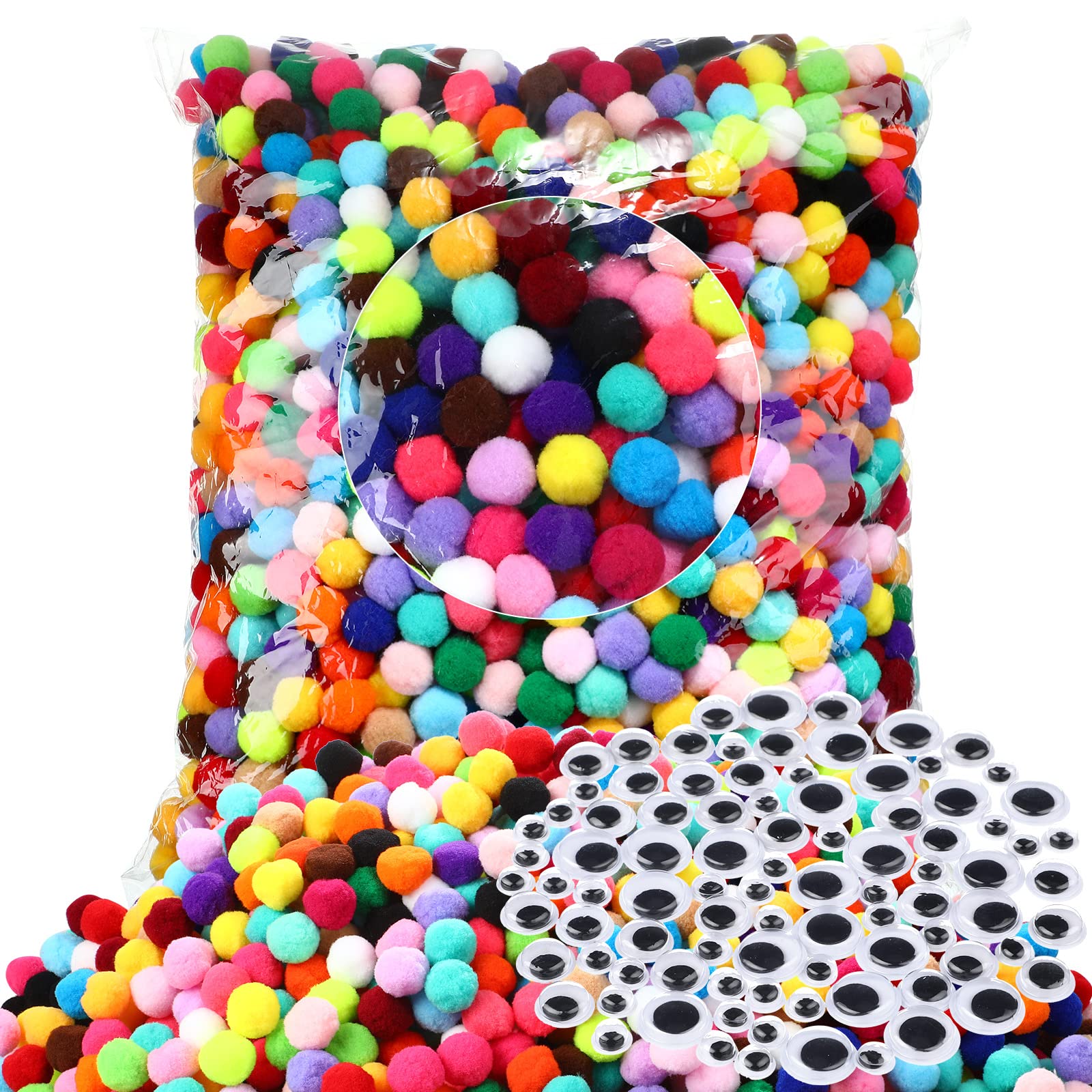 2000 Pcs 1 Inch Assorted Pom Poms 220 Pcs Self Adhesive Googly Eyes Craft Pompoms Wiggle Eyes Pom Pom Balls Puff Balls for Arts Projects DIY Creative Decorations, Multi Colors