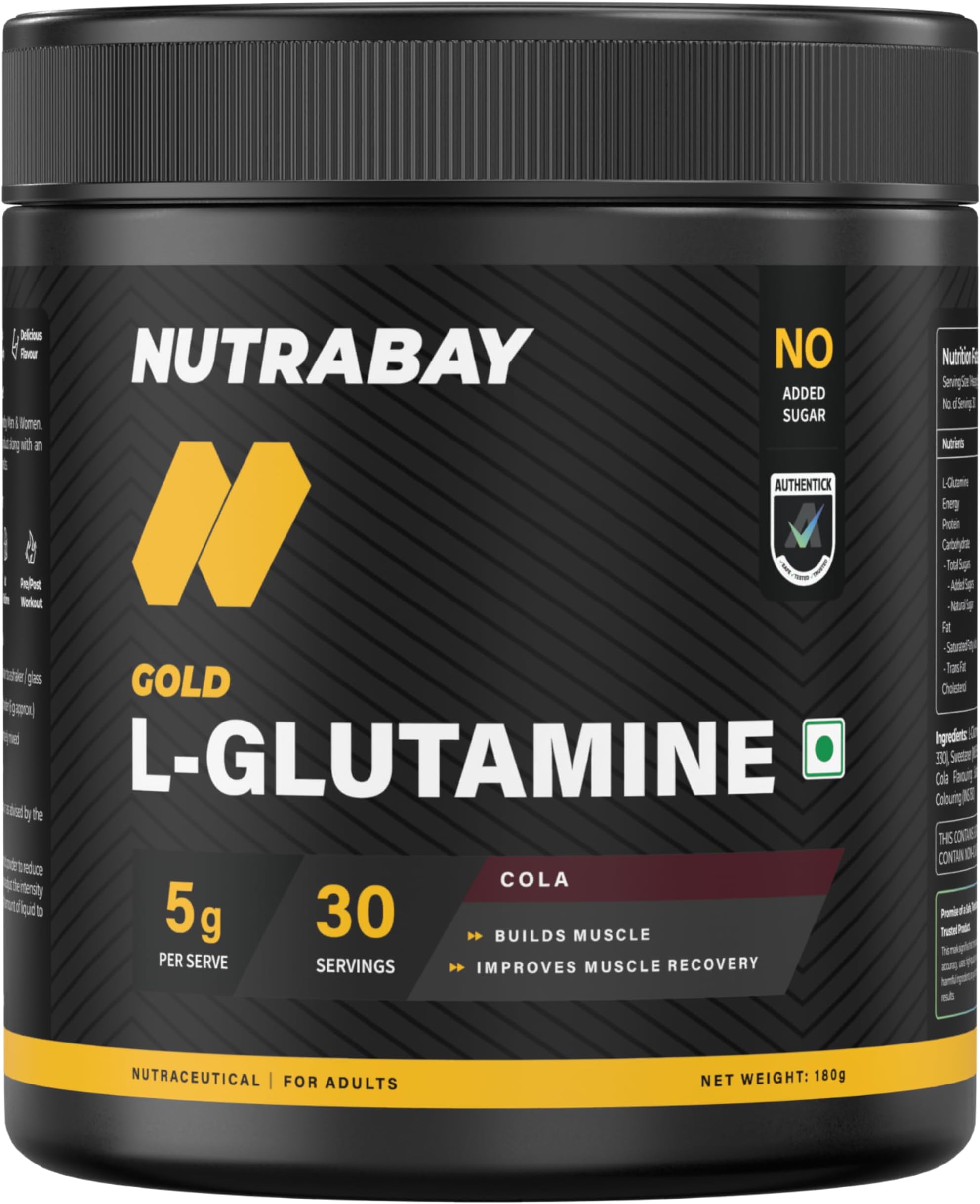 Nutrabay Gold L-Glutamine Supplement Powder 180g, Cola Flavor – Post Workout Amino Acid for Muscle Growth & Recovery | 100% Authentic Supplement | No Banned Substances | Tested for Purity